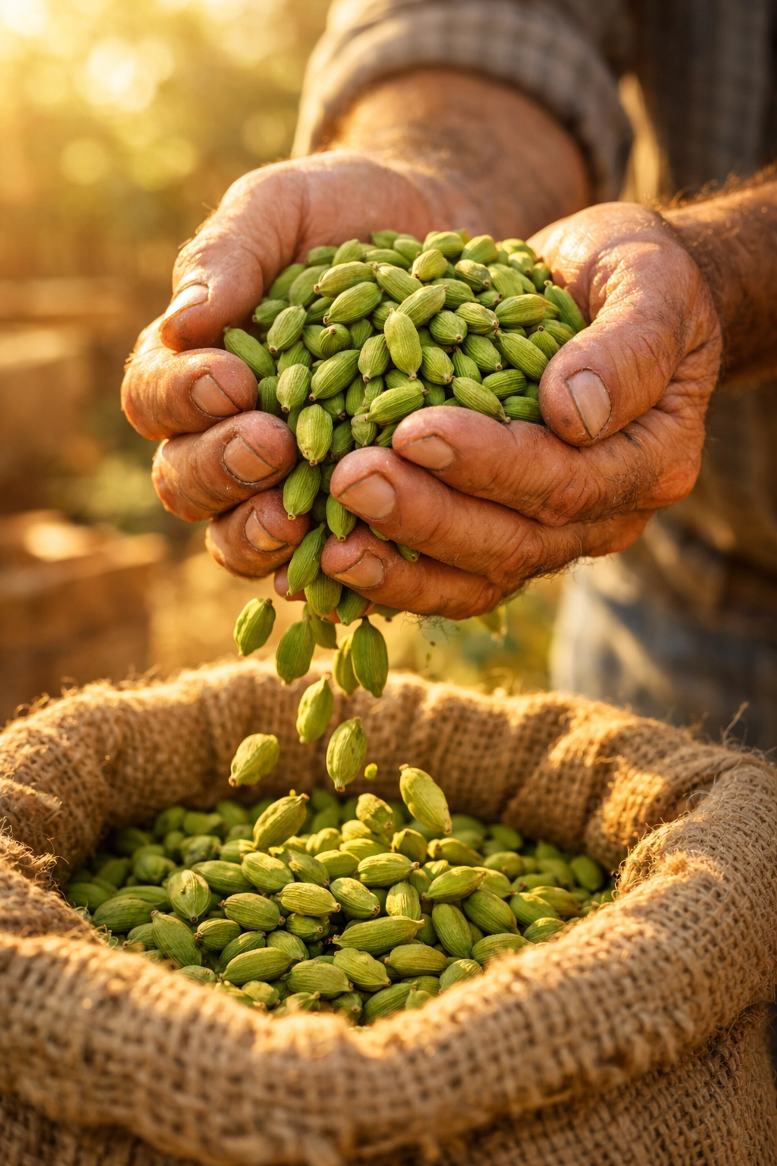 Farmer's hands cupping fresh Kerala cardamom pods for those looking to buy spices online.