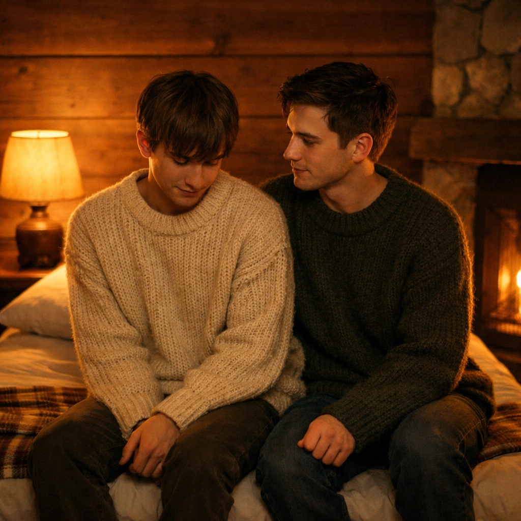 Two men sitting together on a single bed in a cabin, capturing the forced proximity trope in gay romance.