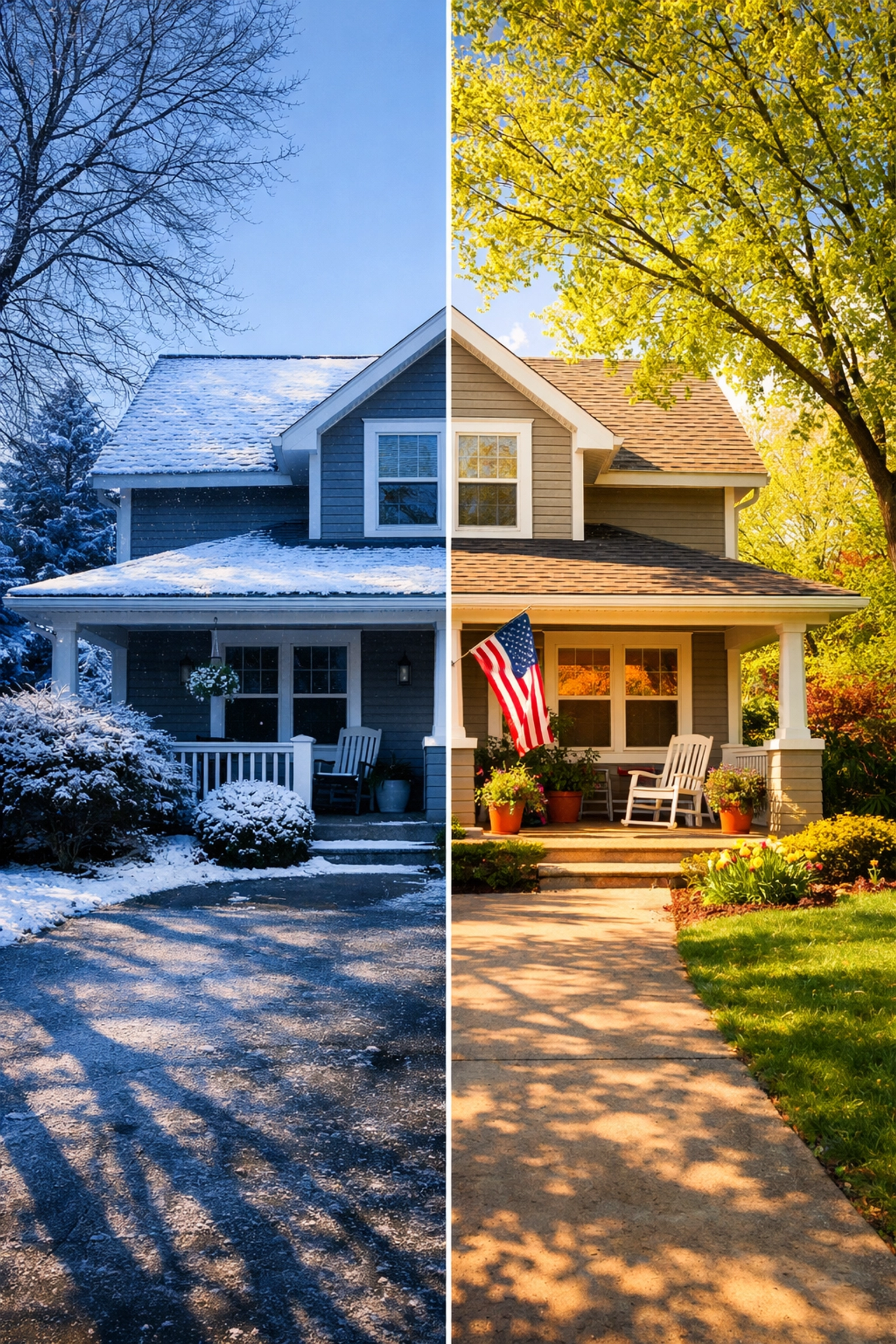 Western New York home showing spring temperature swings from snow to sunshine, highlighting smart HVAC benefits.