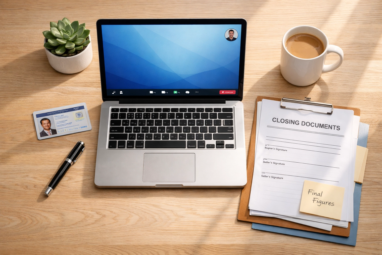 Home office desk setup with laptop and documents for remote real estate closing