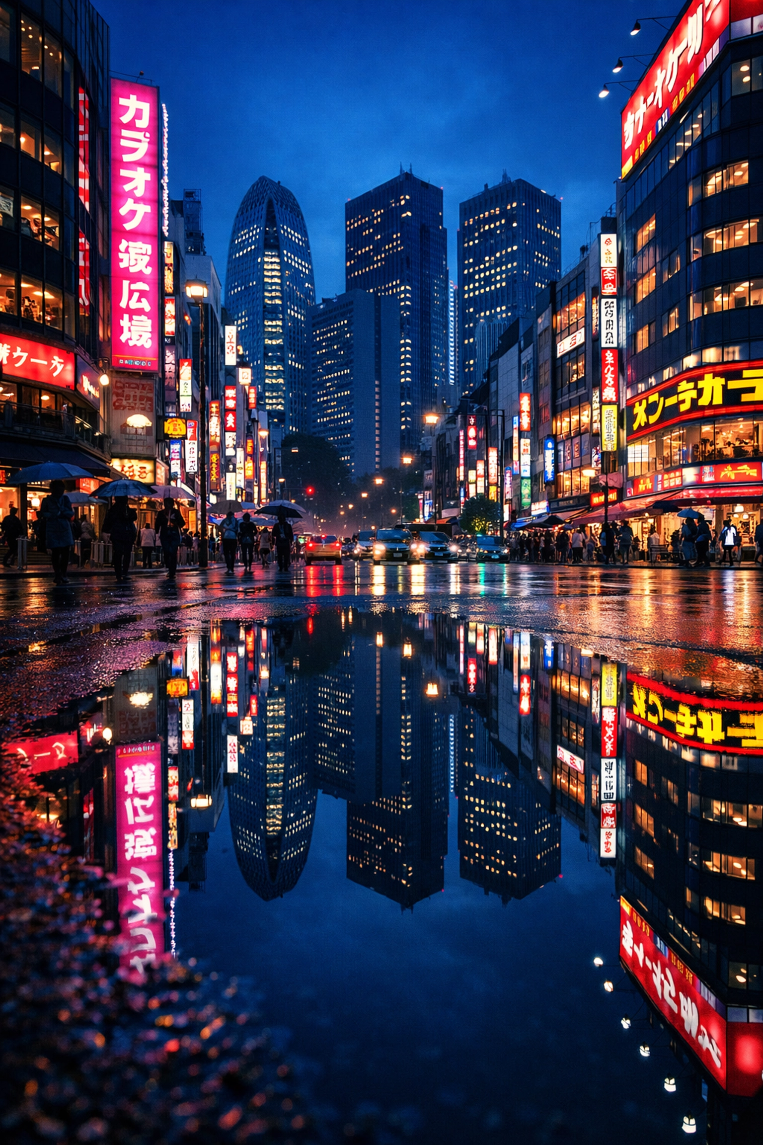 Polished blue hour cityscape of Shinjuku, Tokyo, showcasing professional travel photography and post-processing.