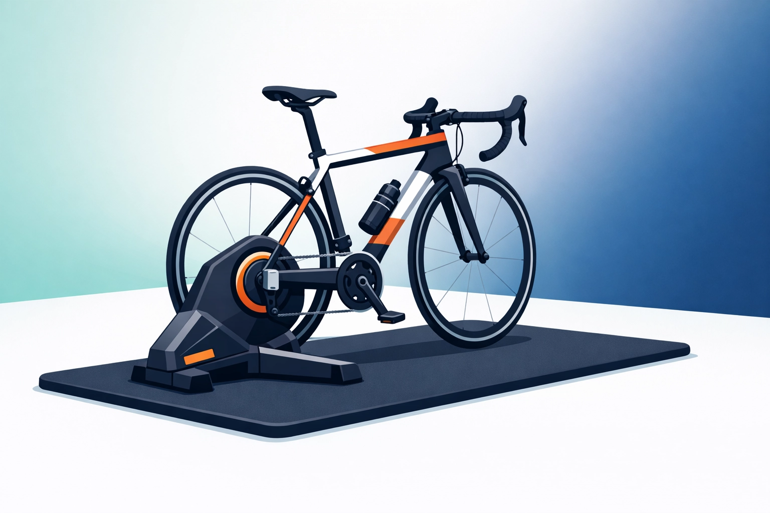 Road bike mounted on a direct-drive smart trainer in a clean indoor cycling workout space.