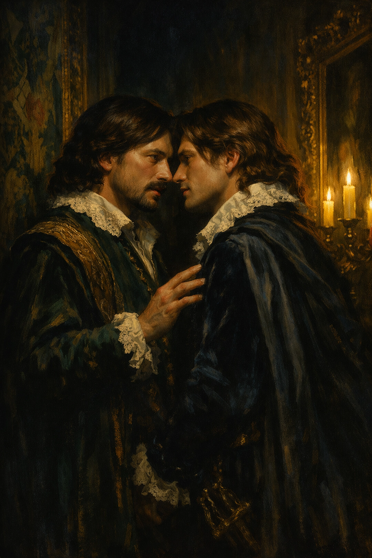 Secret romantic moment between William III and male favorite in palace corridor