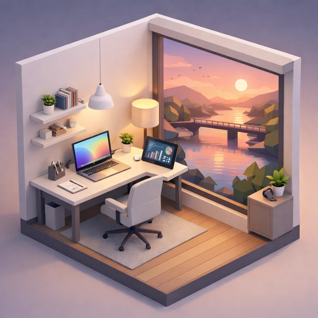 Modern minimalist workspace overlooking the Wabash River at sunset for productive travel in Terre Haute.