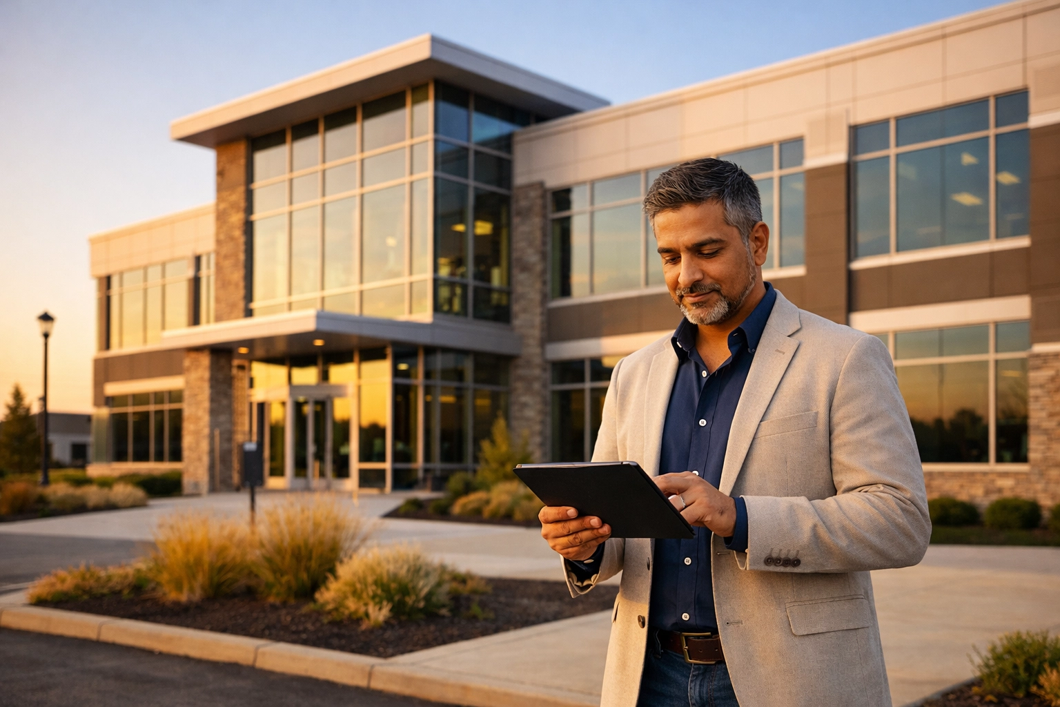 West Chester business owner reviewing commercial property documents outside Liberty Township office