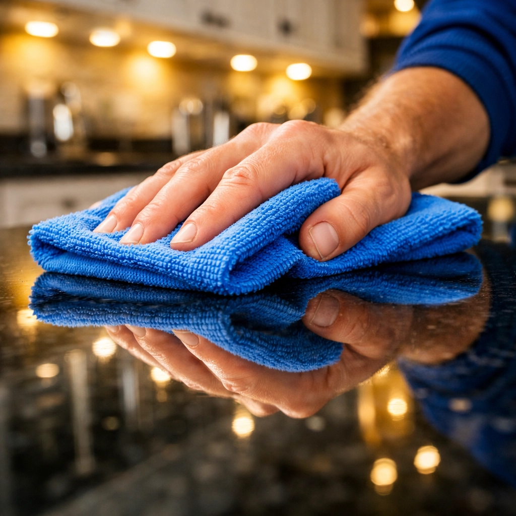 Professional cleaners MA polishing a dark granite countertop to a streak-free shine.