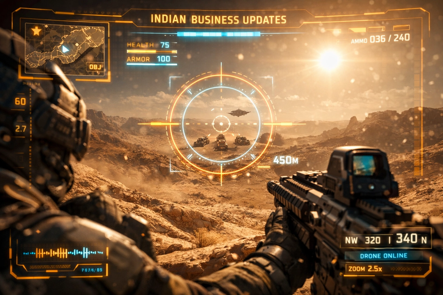 Soldier with a digital HUD tactical display illustrating the gamification of modern warfare and Indian business updates.