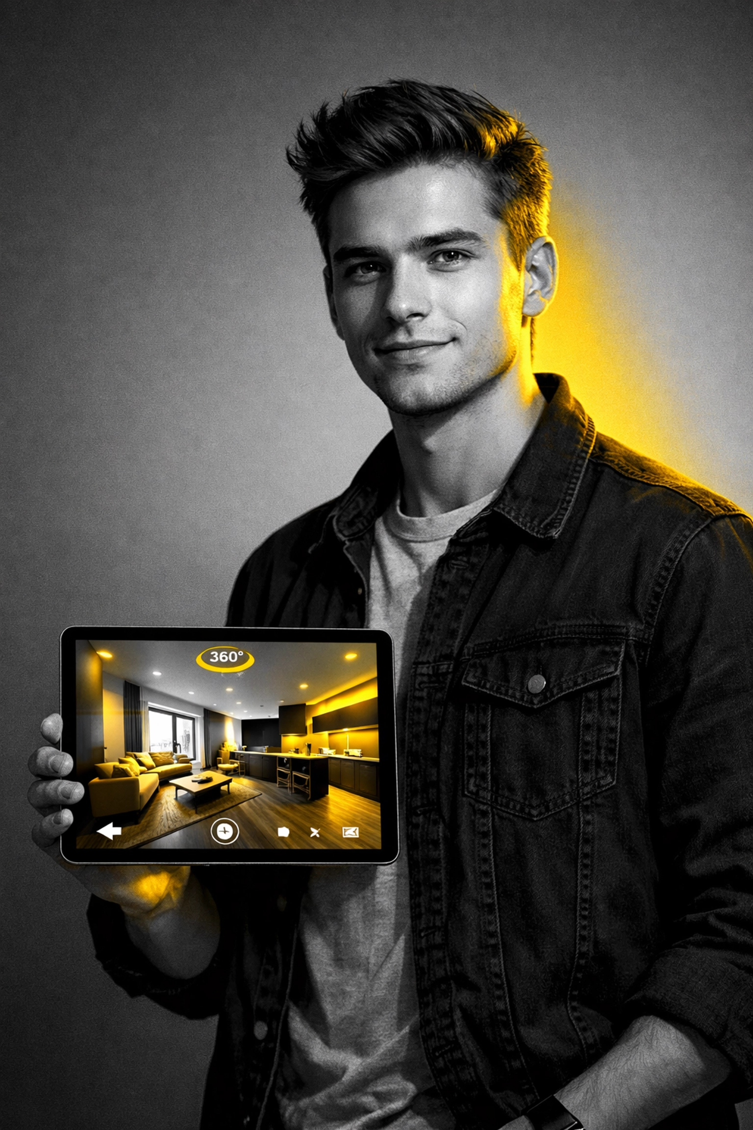 Young professional viewing virtual property tour on tablet device