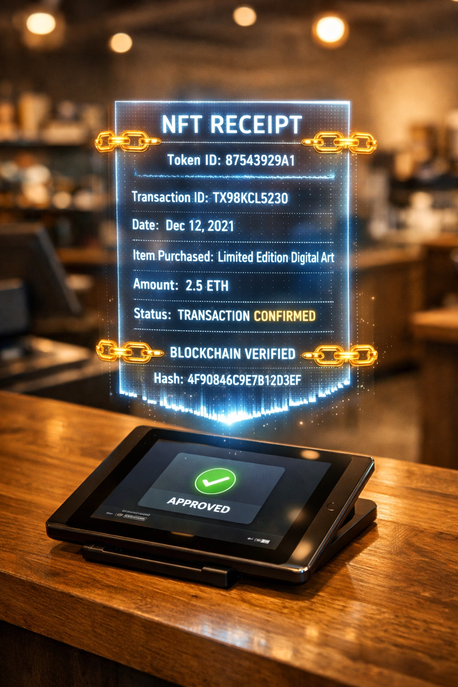 NFT receipt for accounting displayed above crypto POS terminal showing transaction details