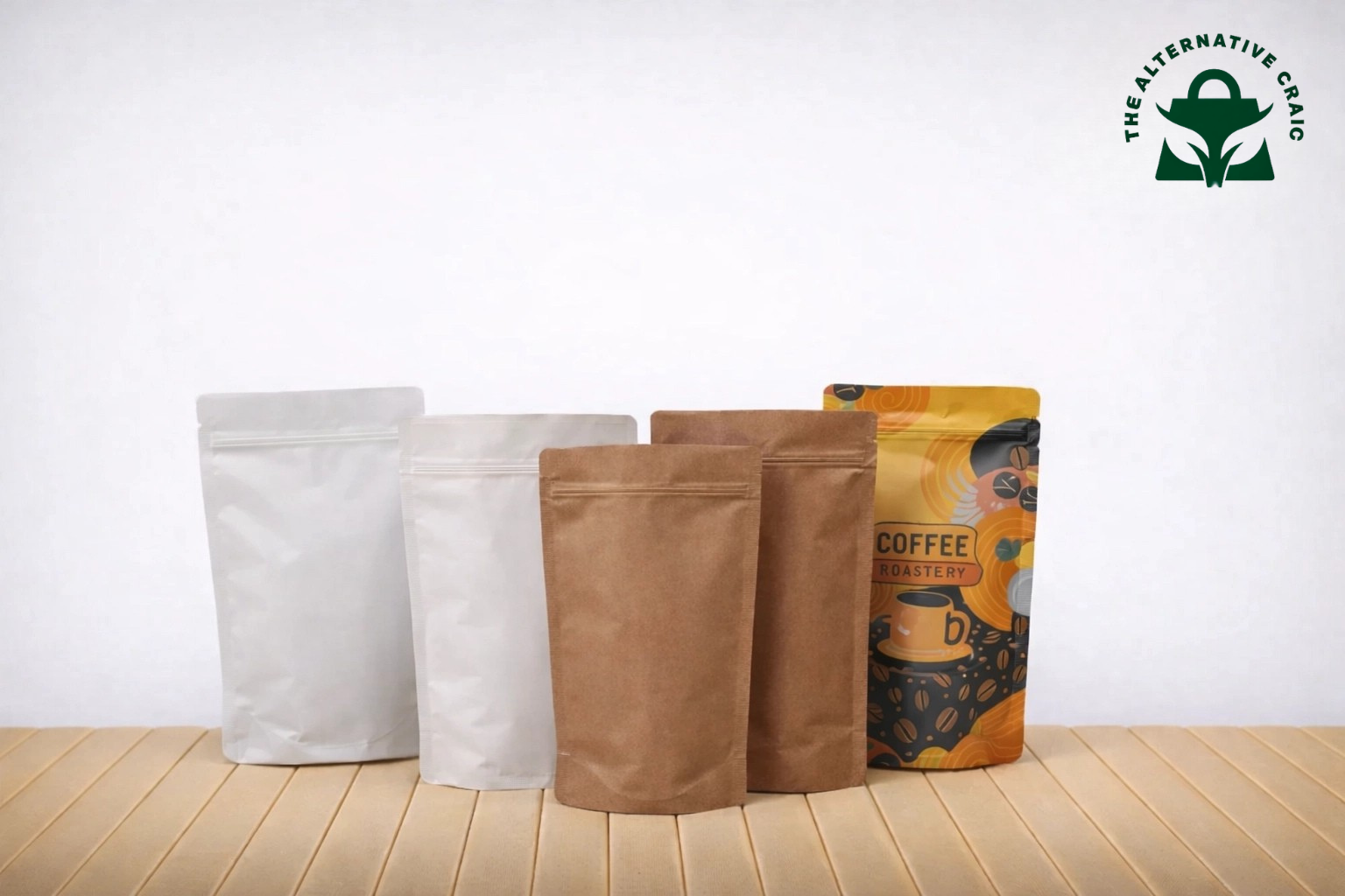 A variety of sustainable coffee pouches showing different styles and finishes