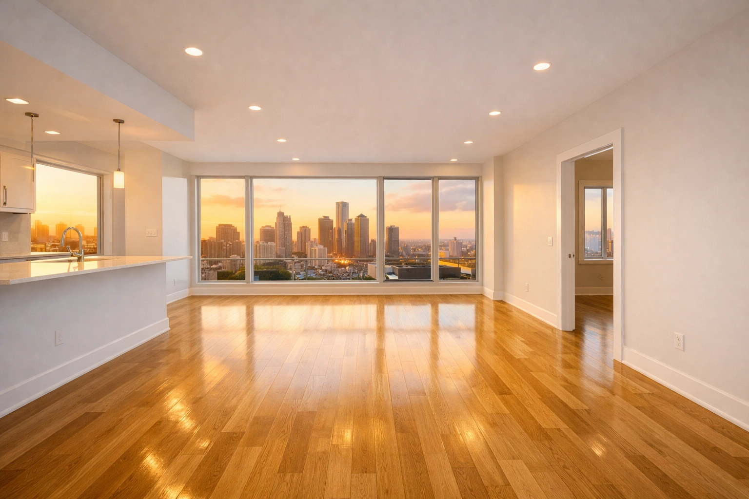 Gleaming hardwood floors in a vacant Detroit apartment showing professional turnover cleaning results.