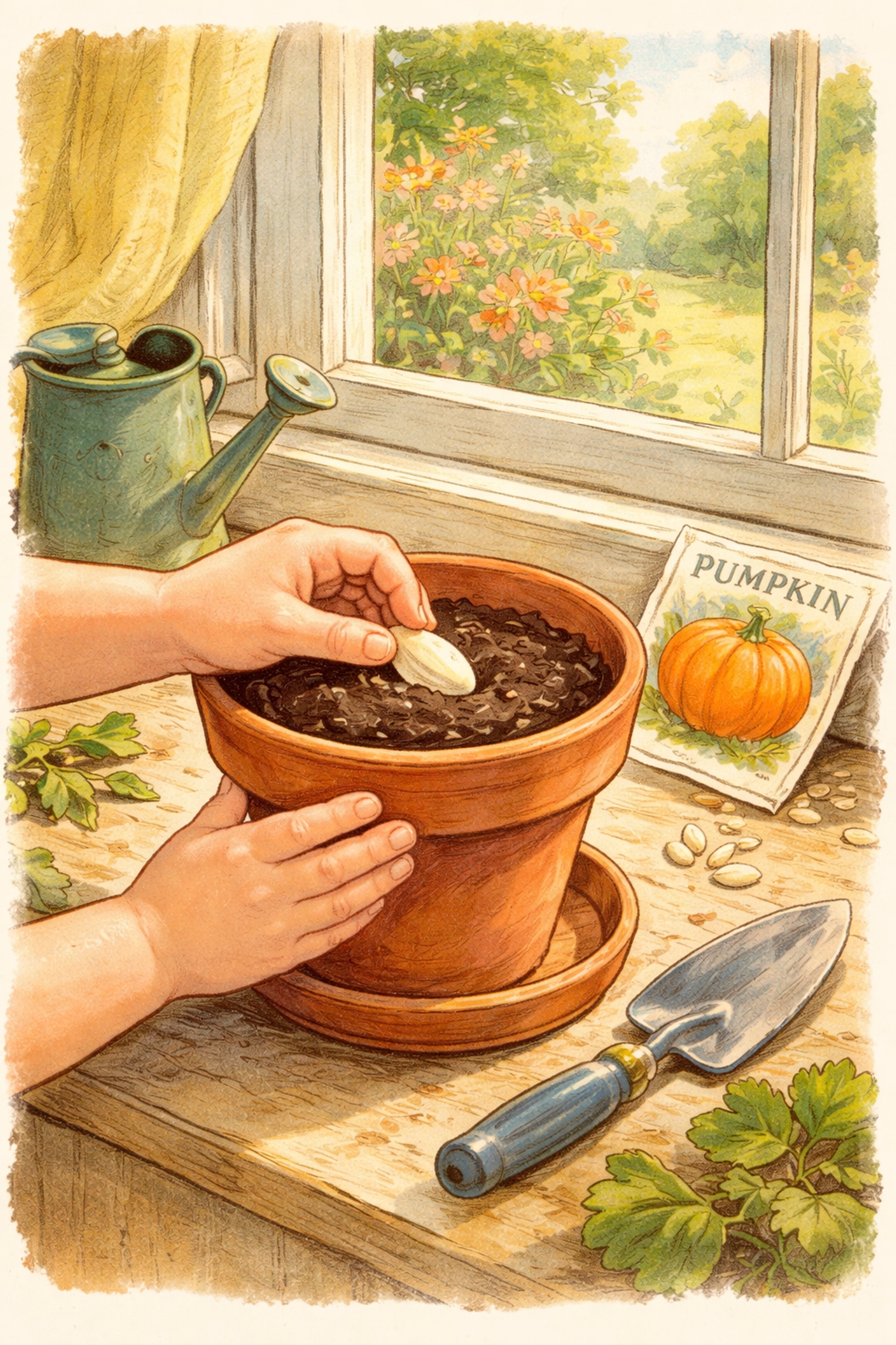 Child planting a large pumpkin seed in a small pot for a spooky garden, captured in storybook style