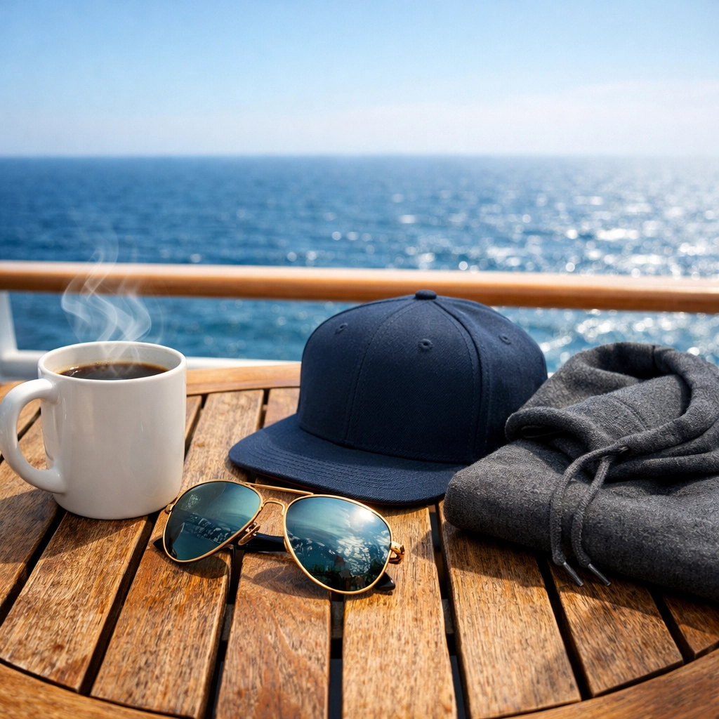 A flat-lay of cruise travel gear on a balcony table, featuring essentials for the savvy cruise community.
