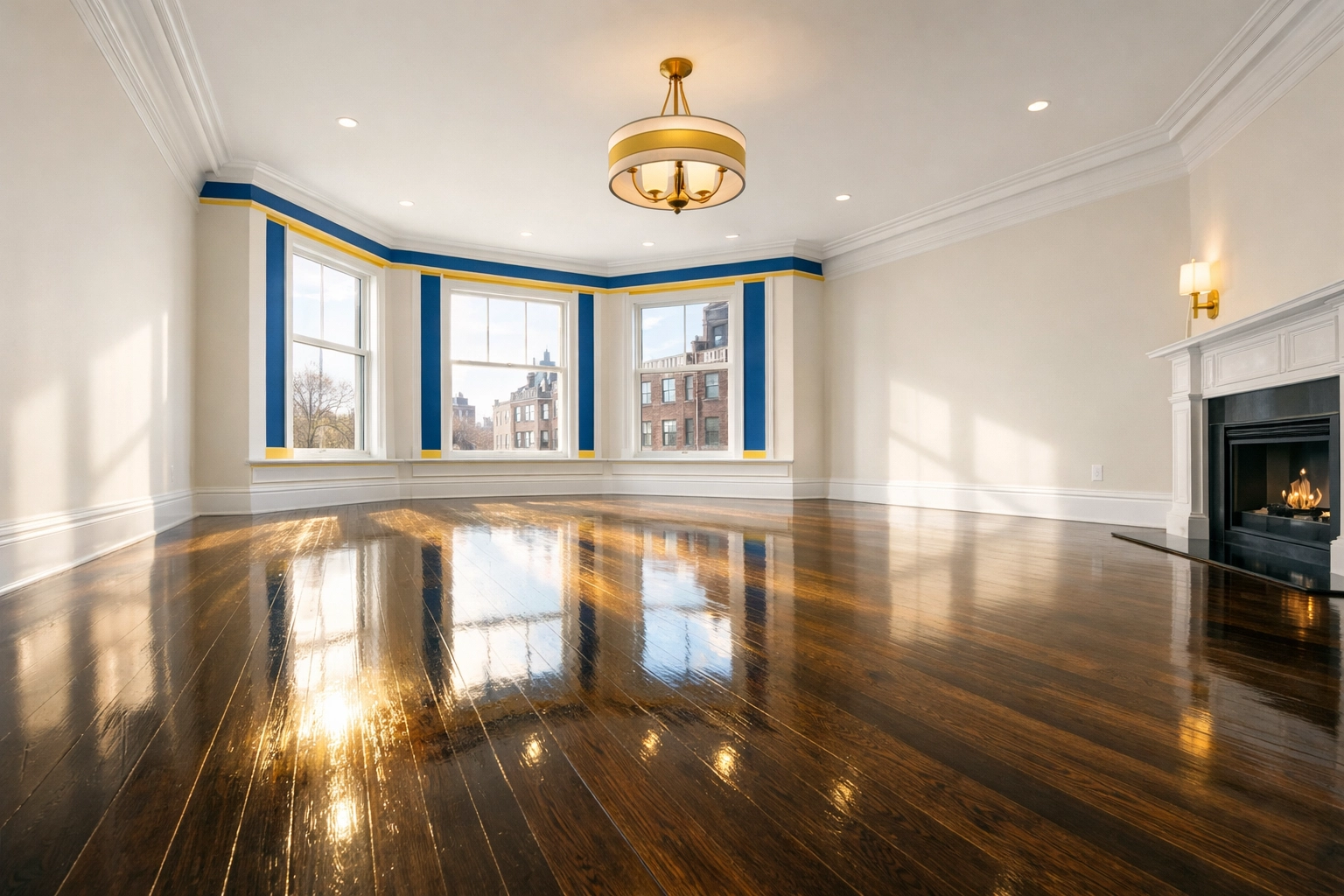 Empty luxury Boston apartment with polished hardwood floors following a move-in cleaning service.