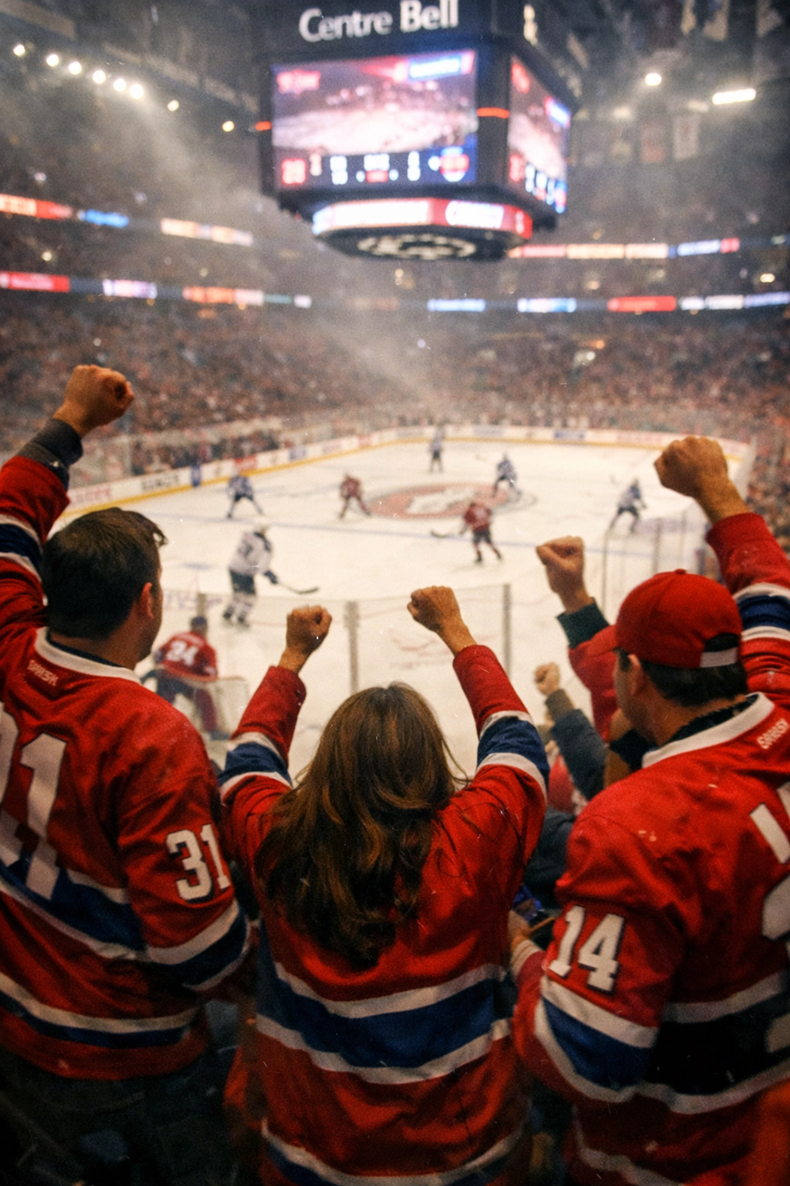 Excited Montreal Canadiens fans cheering in the stands at the Bell Centre during a hockey game.