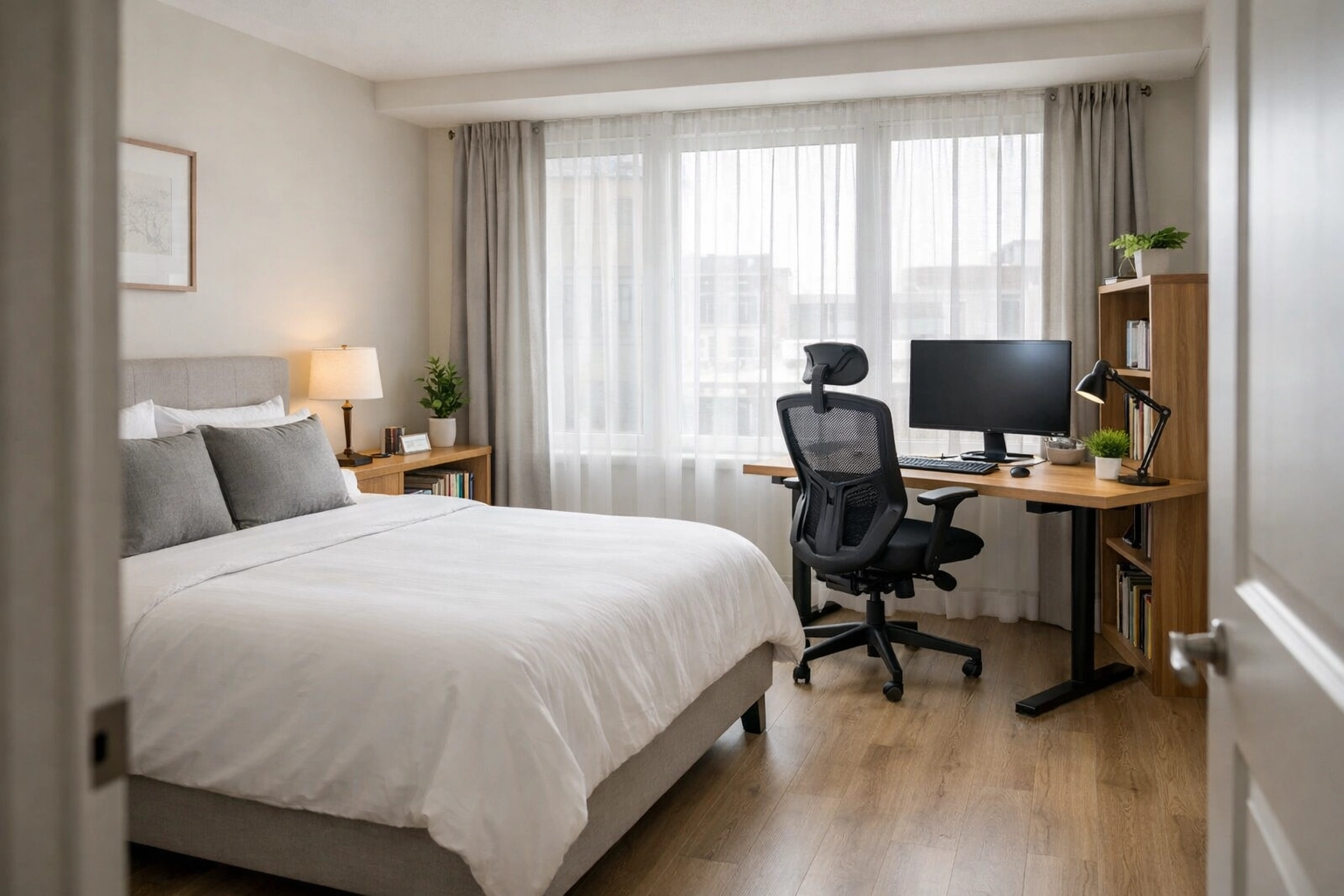 Corporate rental bedroom with integrated workspace for business travelers in Kent