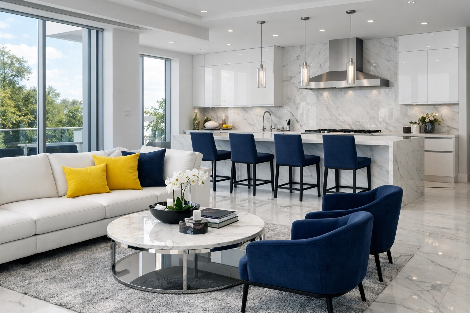 A pristine, professionally cleaned modern home featuring a white living area and high-end kitchen.