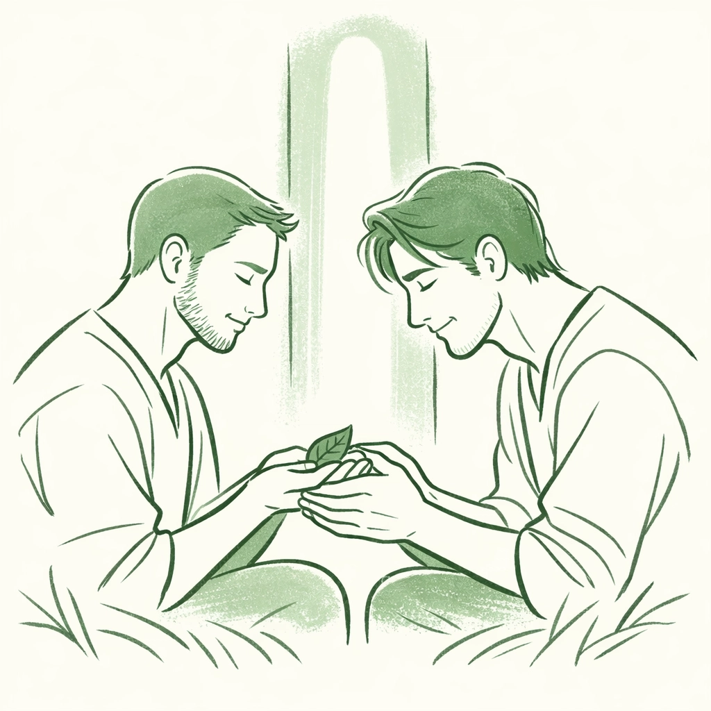 Two men in a moment of quiet contemplation and faith, reflecting themes in Sacred Bonds LGBTQ+ literature.