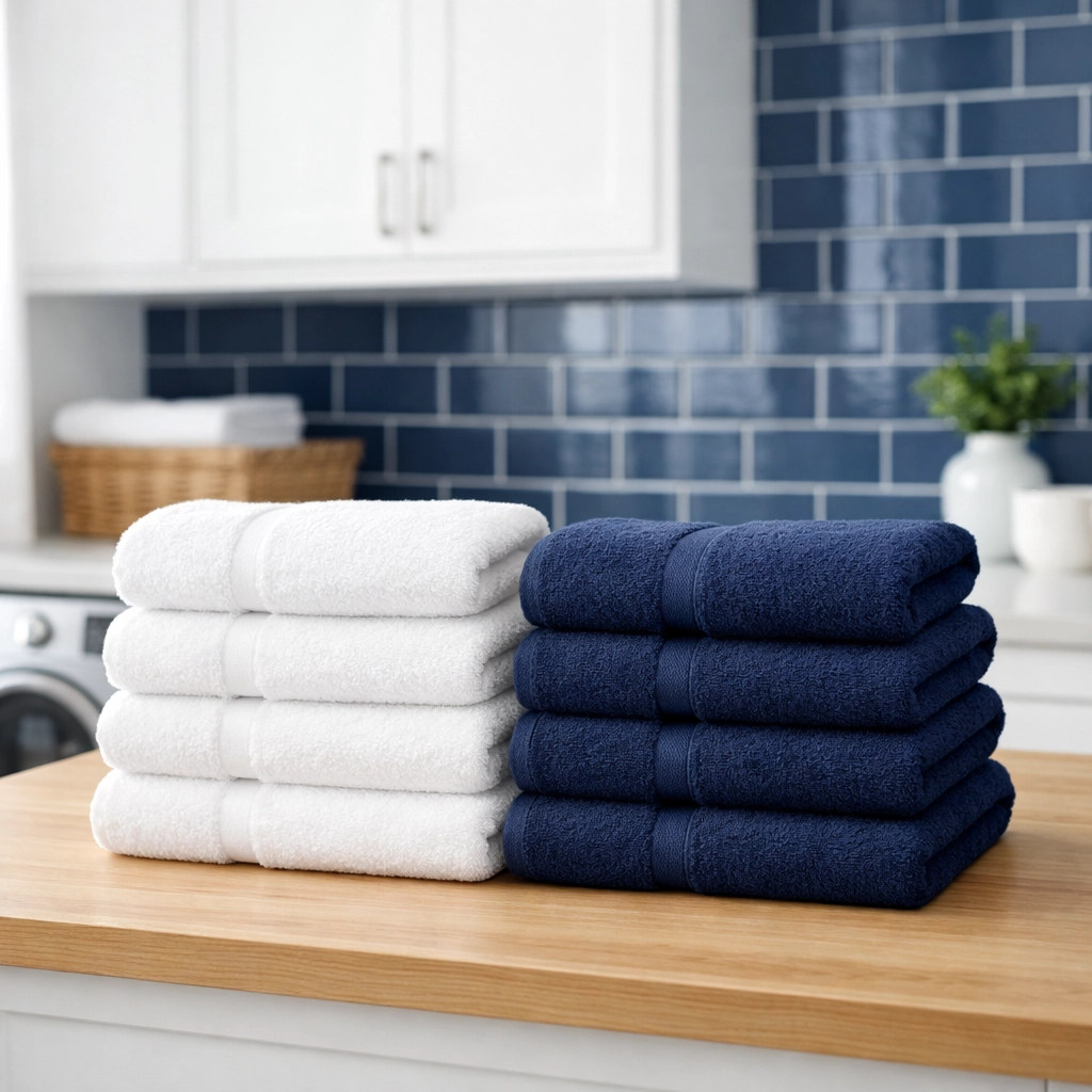 Perfectly folded laundry and fresh linens in a modern, professional Marblehead home laundry room.