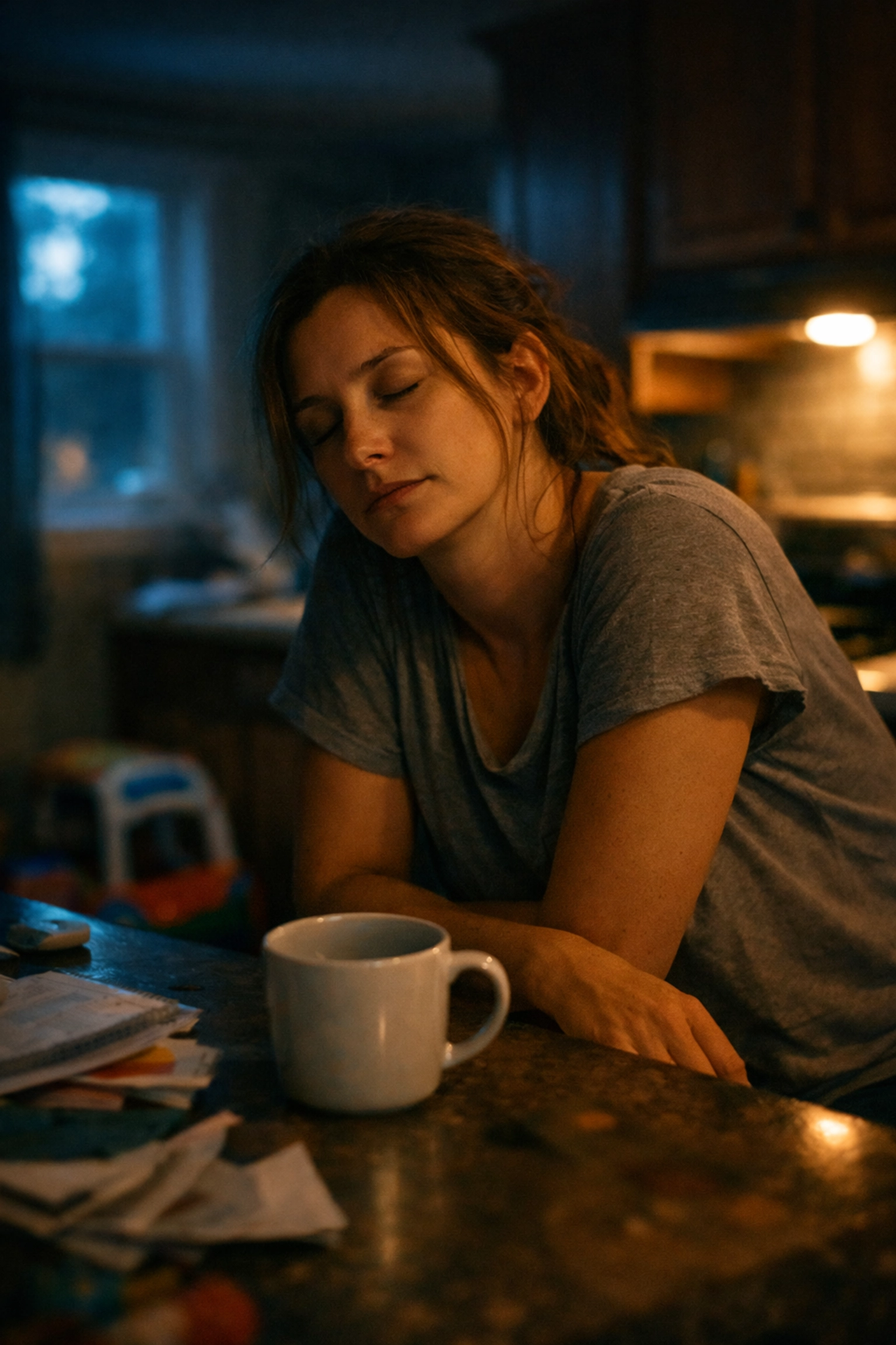 Exhausted mother in a kitchen representing survival mode and the importance of a family friendly healing home.