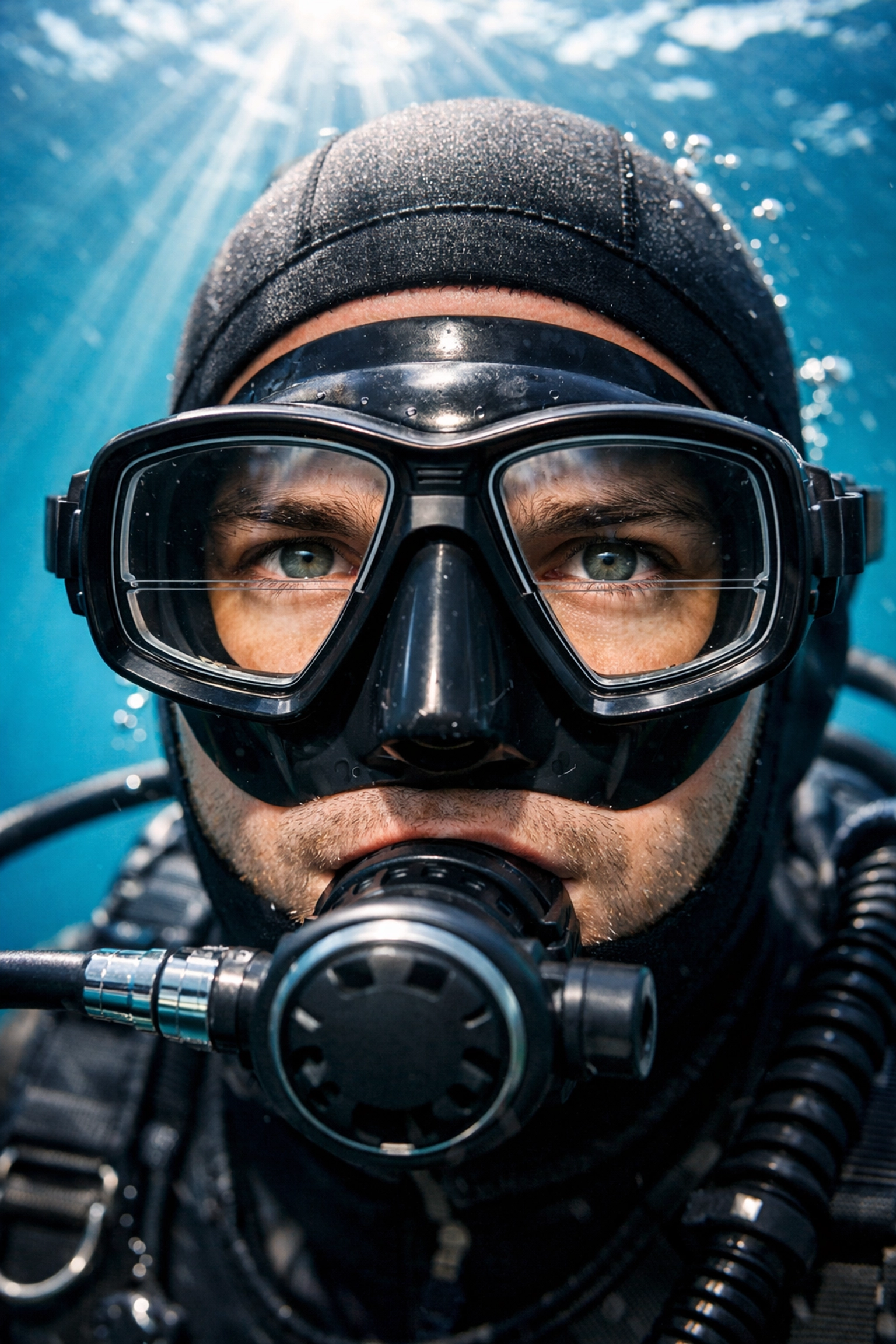 Taucher mit Tauchmaske mit Sehstärke unter Wasser – klare Sicht durch integrierte Korrekturgläser