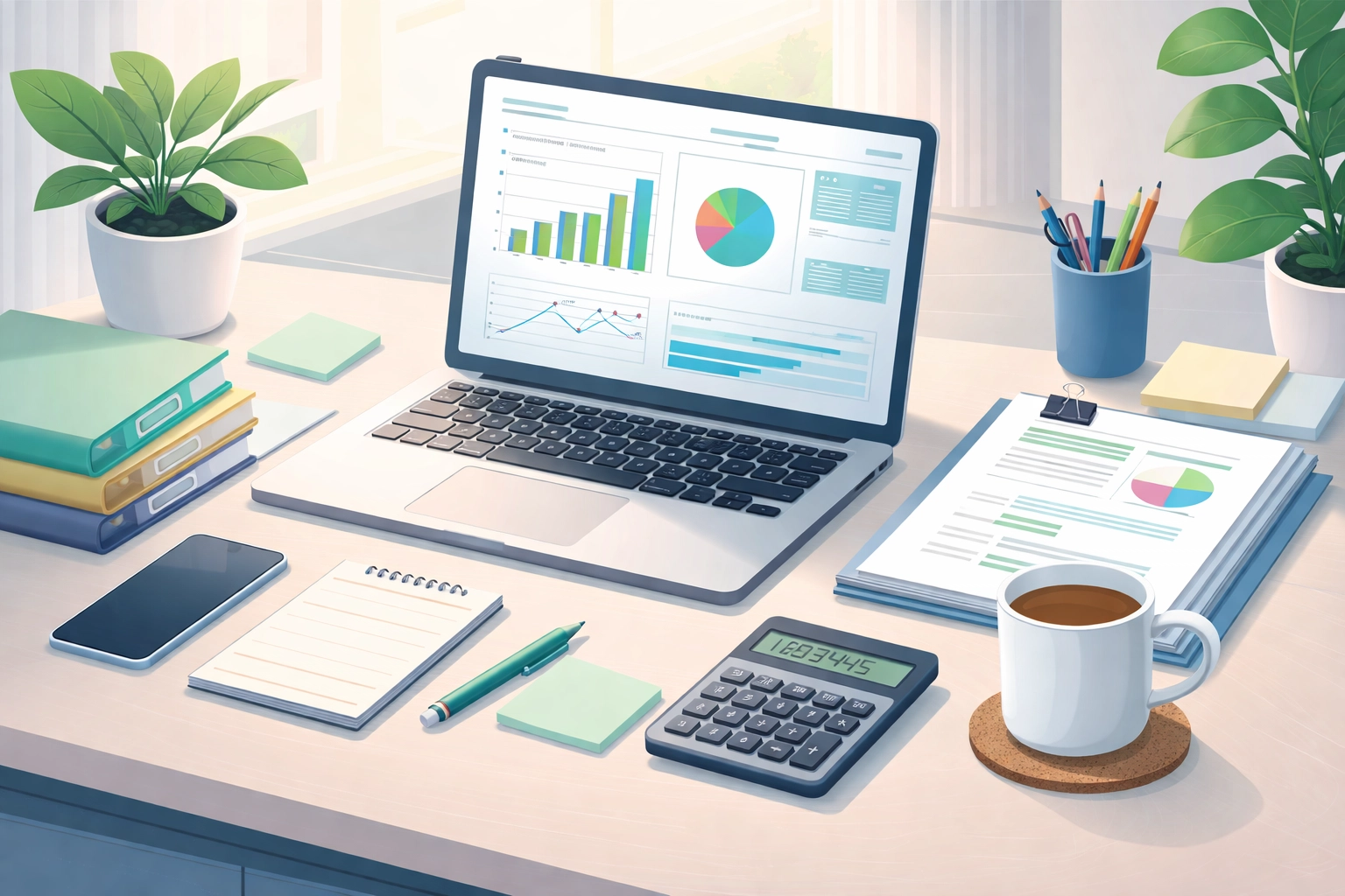 Organized small business workspace with laptop showing financial charts for tax-ready bookkeeping