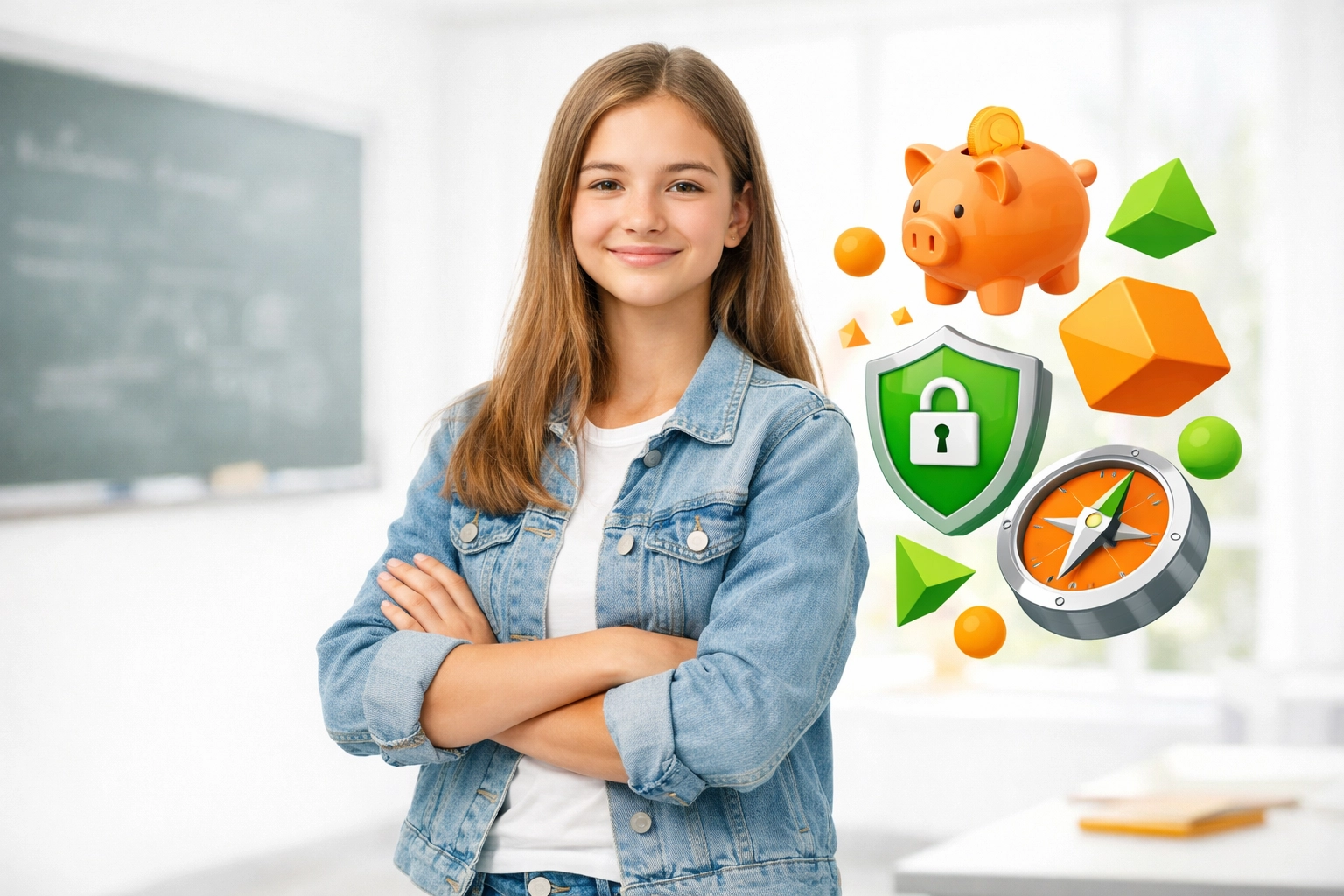 Confident teen girl surrounded by icons for financial literacy and digital safety on the Complete Life Skills Platform.