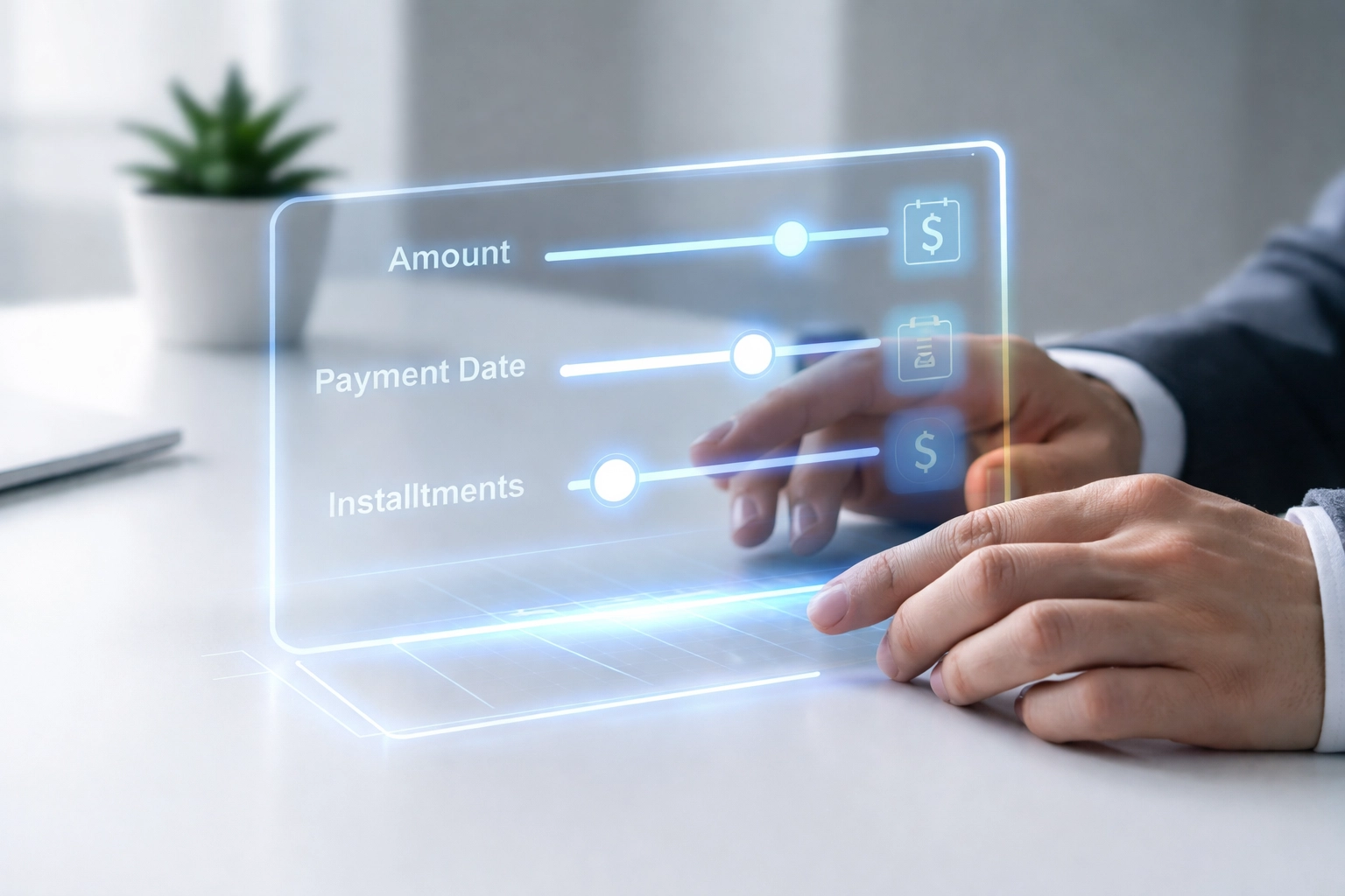 Business professional adjusts customizable digital payment options, symbolizing flexible debt collection payment plans
