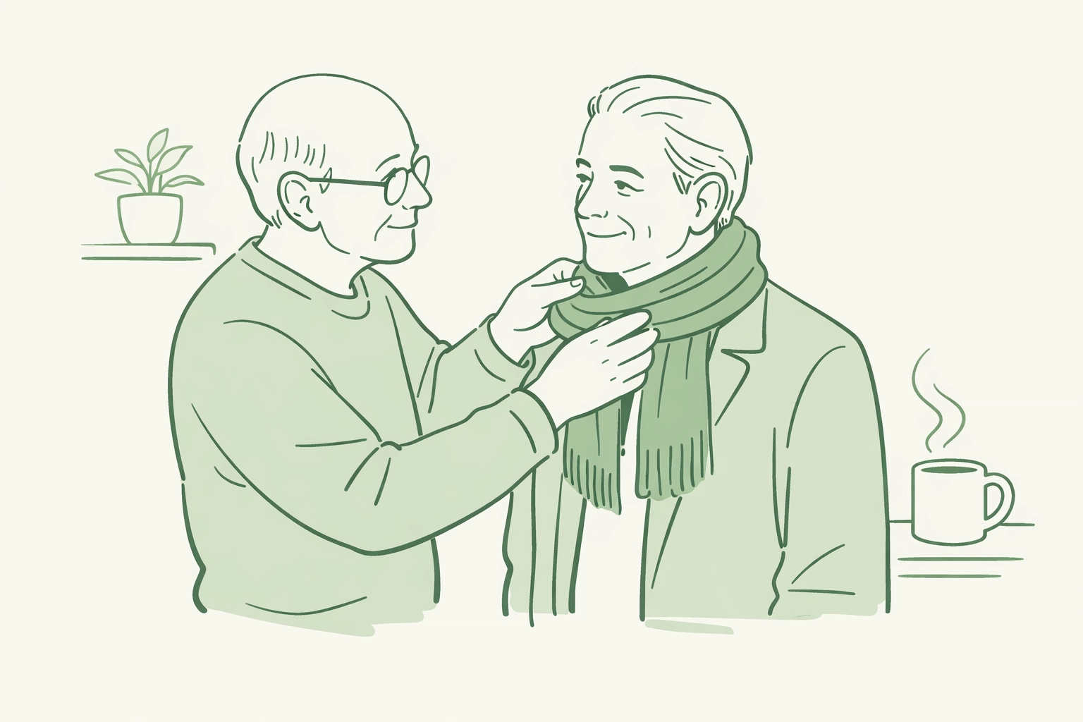 Two older gay men sharing a tender moment of care, illustrating practical support and lifelong queer joy.