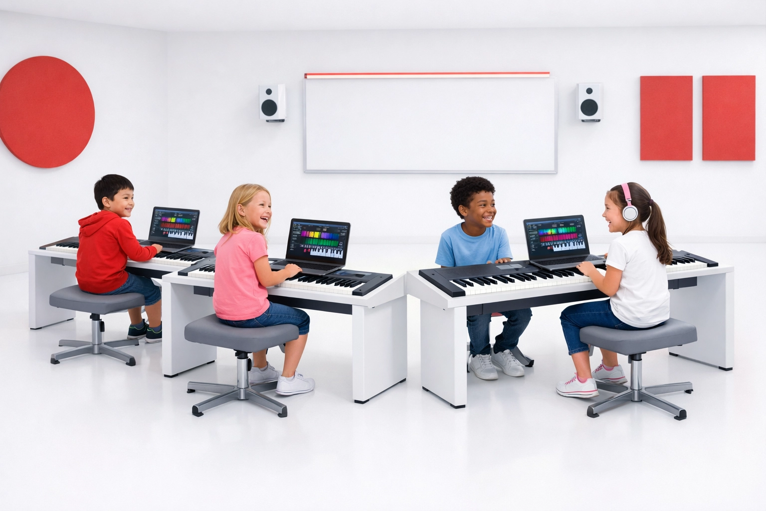 Kids collaborating in a modern iPianoLab classroom with interactive digital keyboard stations.