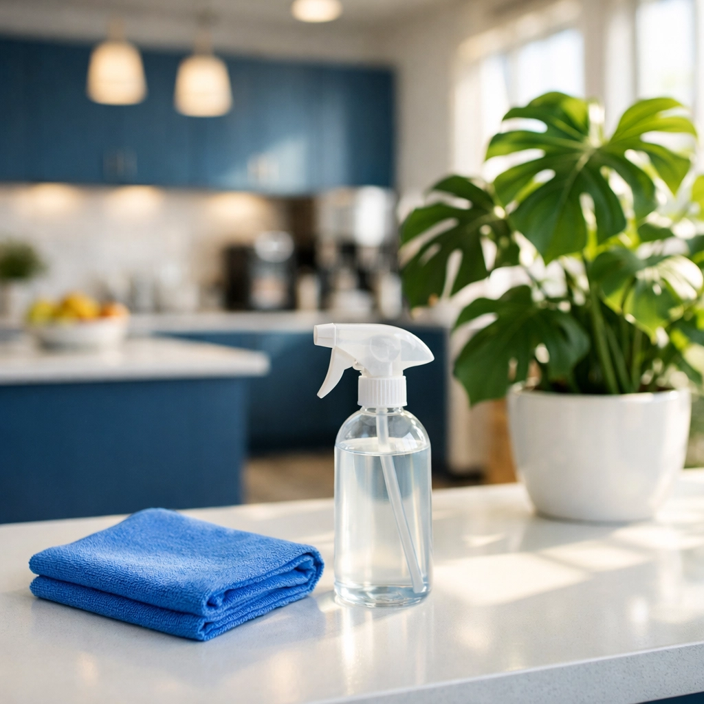 Green cleaning supplies and plants in a sunlit office lounge promoting healthy indoor air quality.
