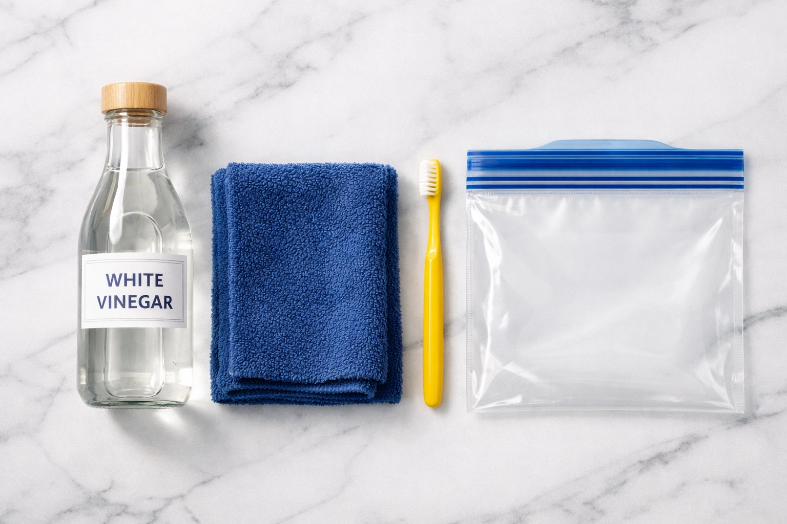 Cleaning supplies like vinegar and a toothbrush for a regular weekly house cleaning routine.