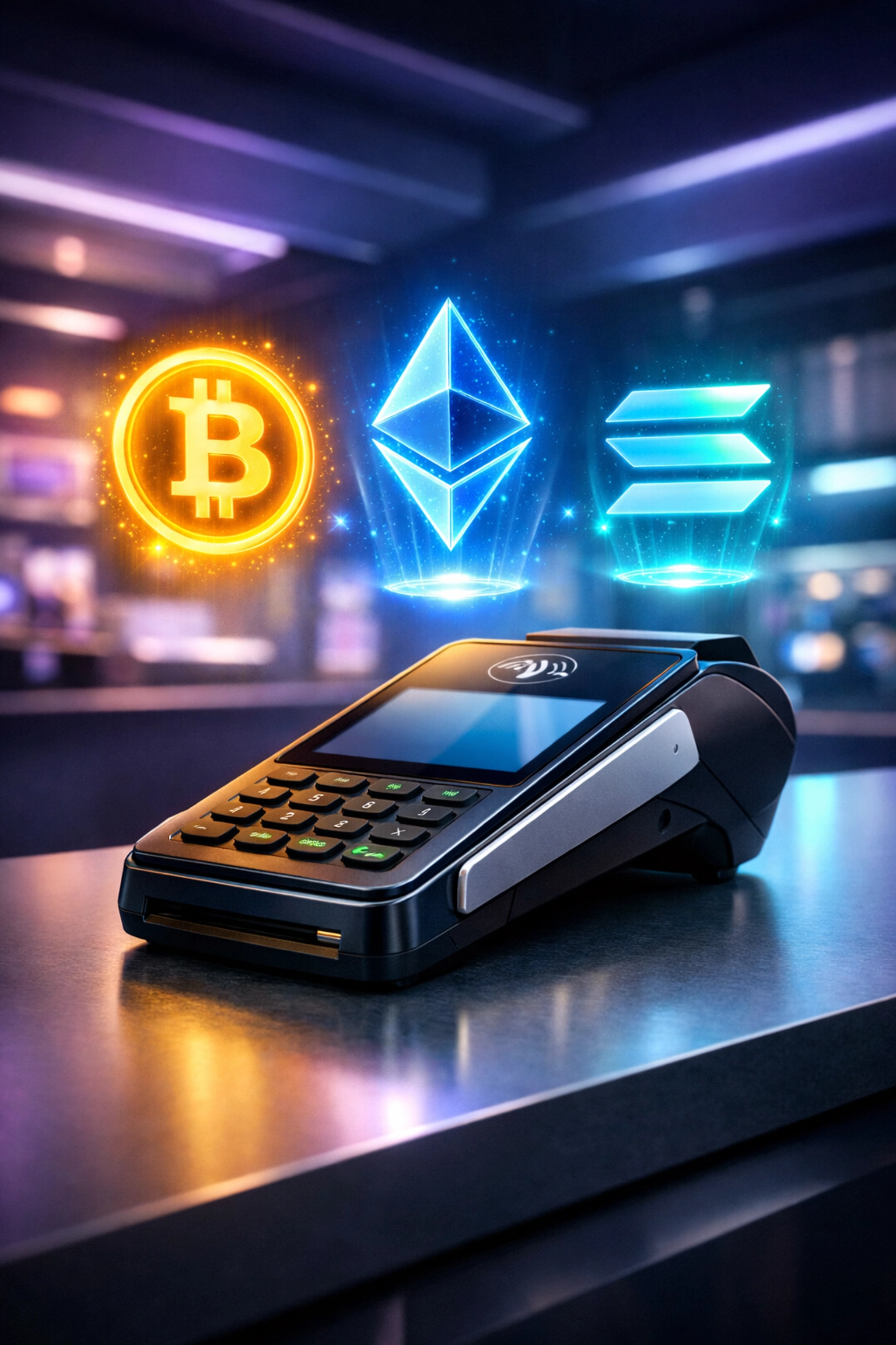 Modern crypto POS terminal accepting Bitcoin, Ethereum, and Solana payments for small businesses