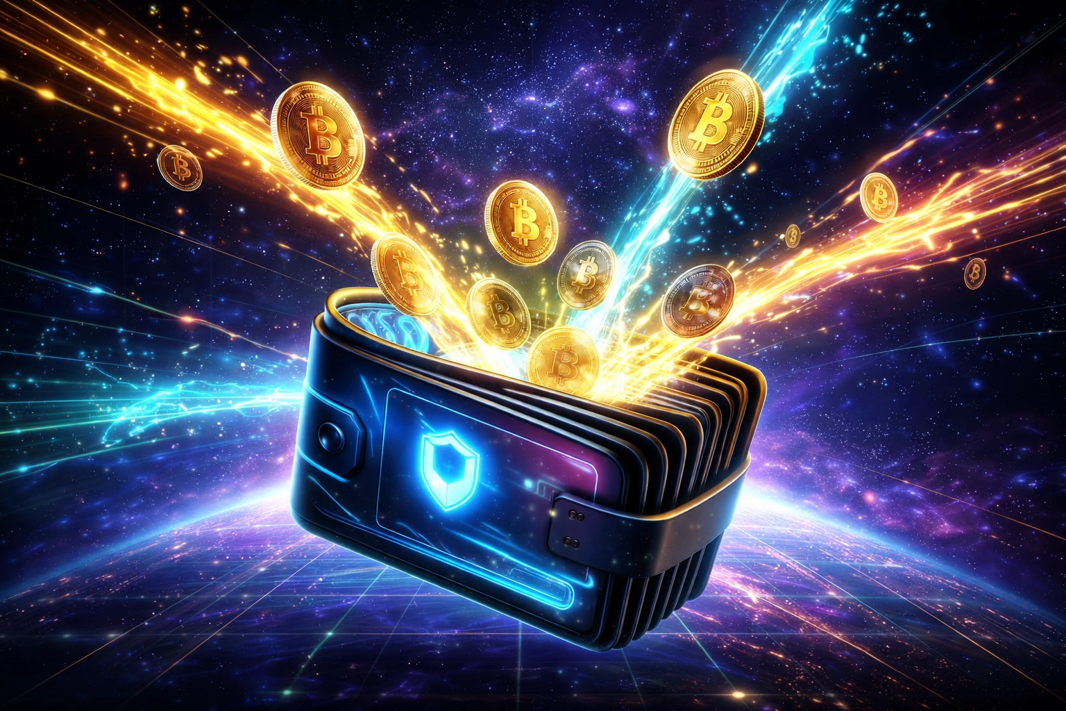 Digital wallet in space receiving multiple cryptocurrency payments, symbolizing self-custody and merchant control in Web3 payments.