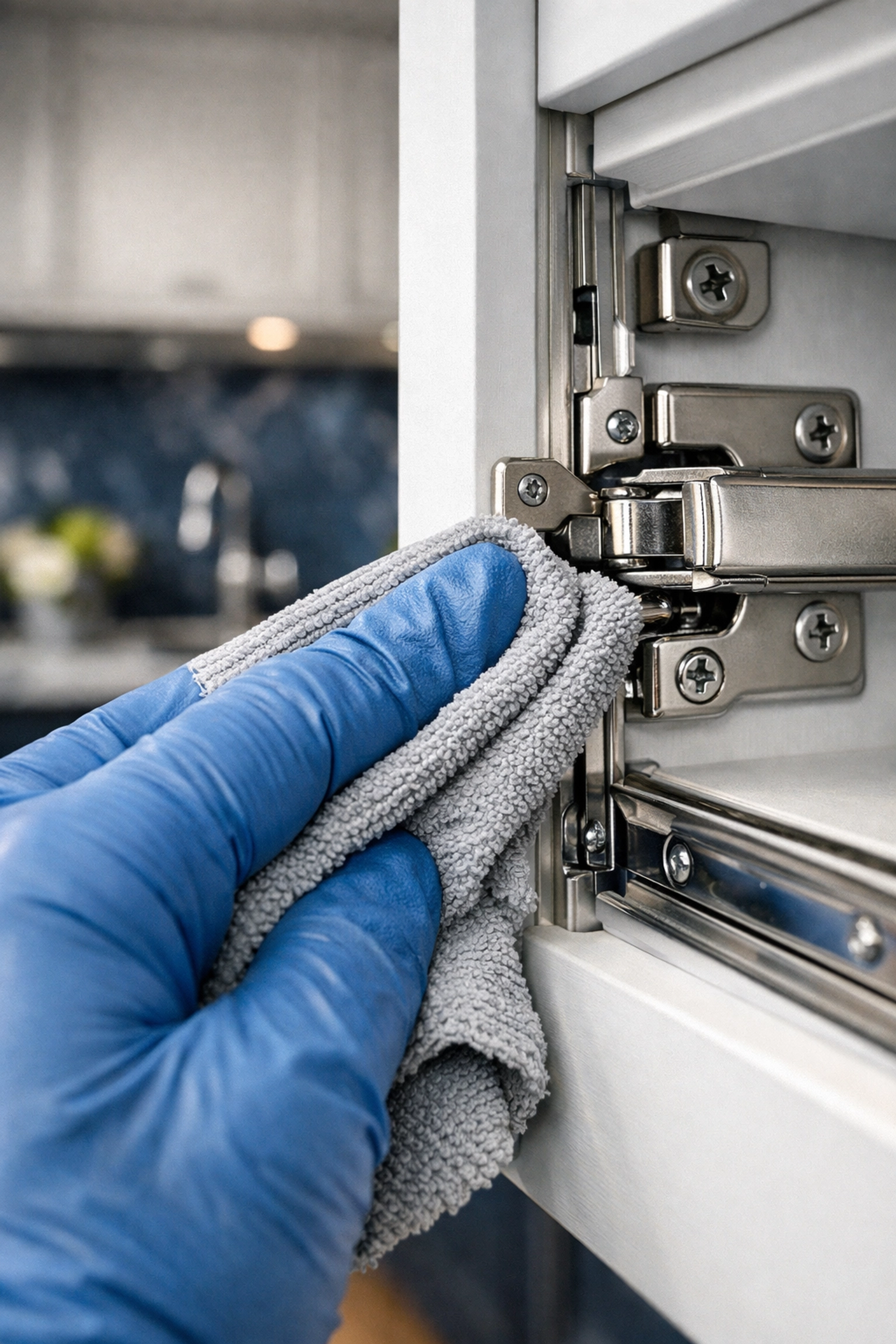Professional cleaner wiping hidden dust from cabinet tracks during post construction cleaning in Lincoln.