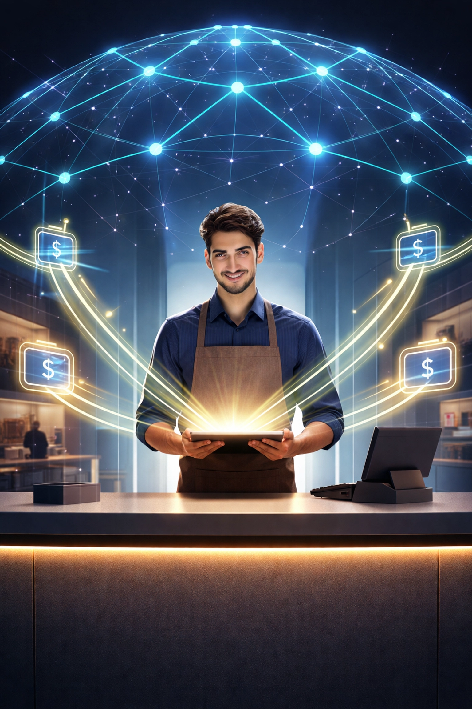 A merchant at a high-tech checkout protected by blockchain nodes, highlighting secure decentralized crypto payments.