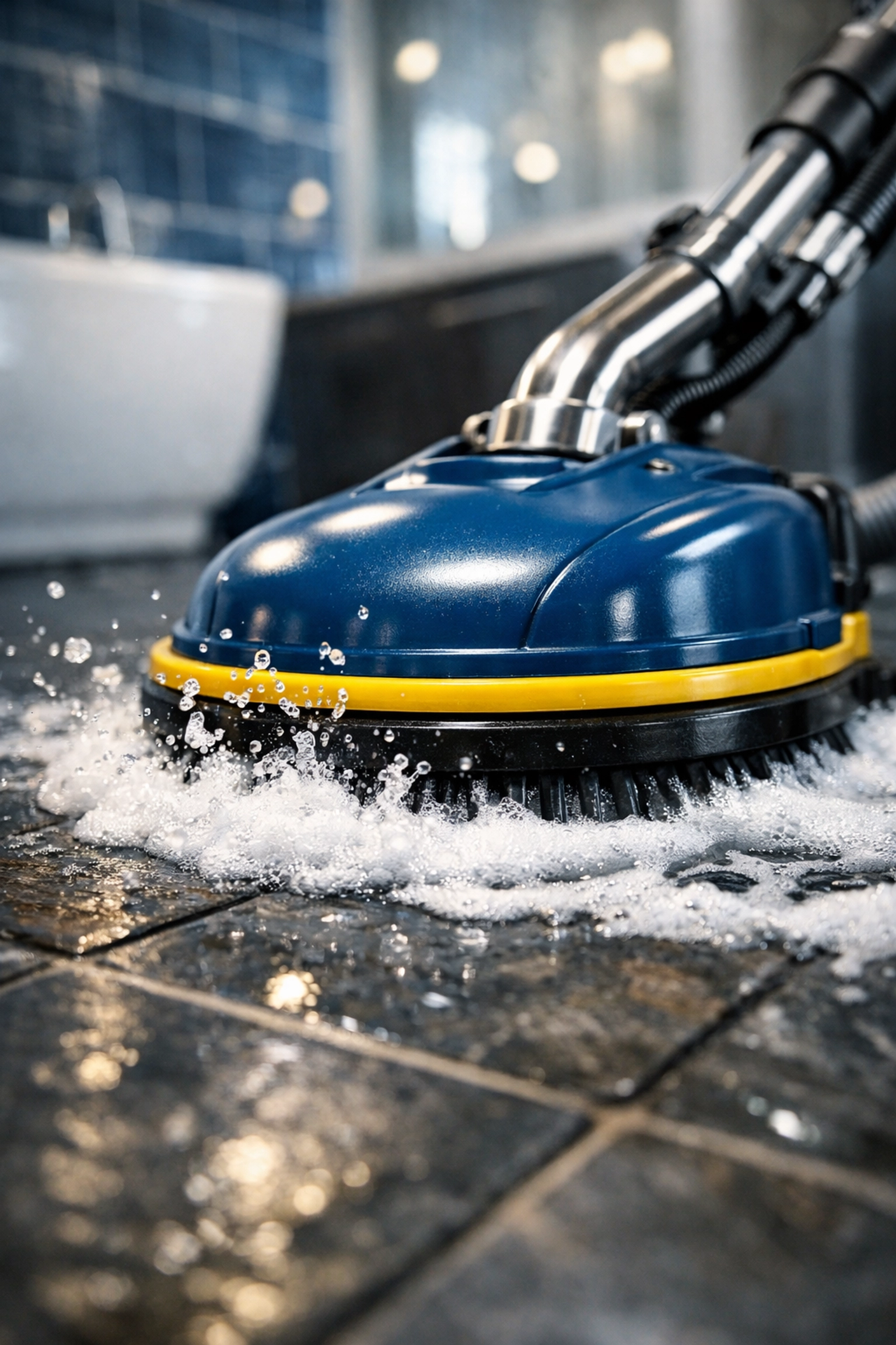 Professional-grade scrubbing equipment performing a deep cleaning service on high-end slate bathroom tiles.