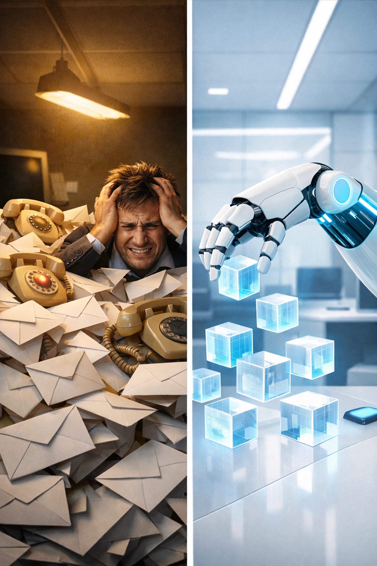 Split view of manual helpdesk struggle vs streamlined AI-powered customer support for business scaling.