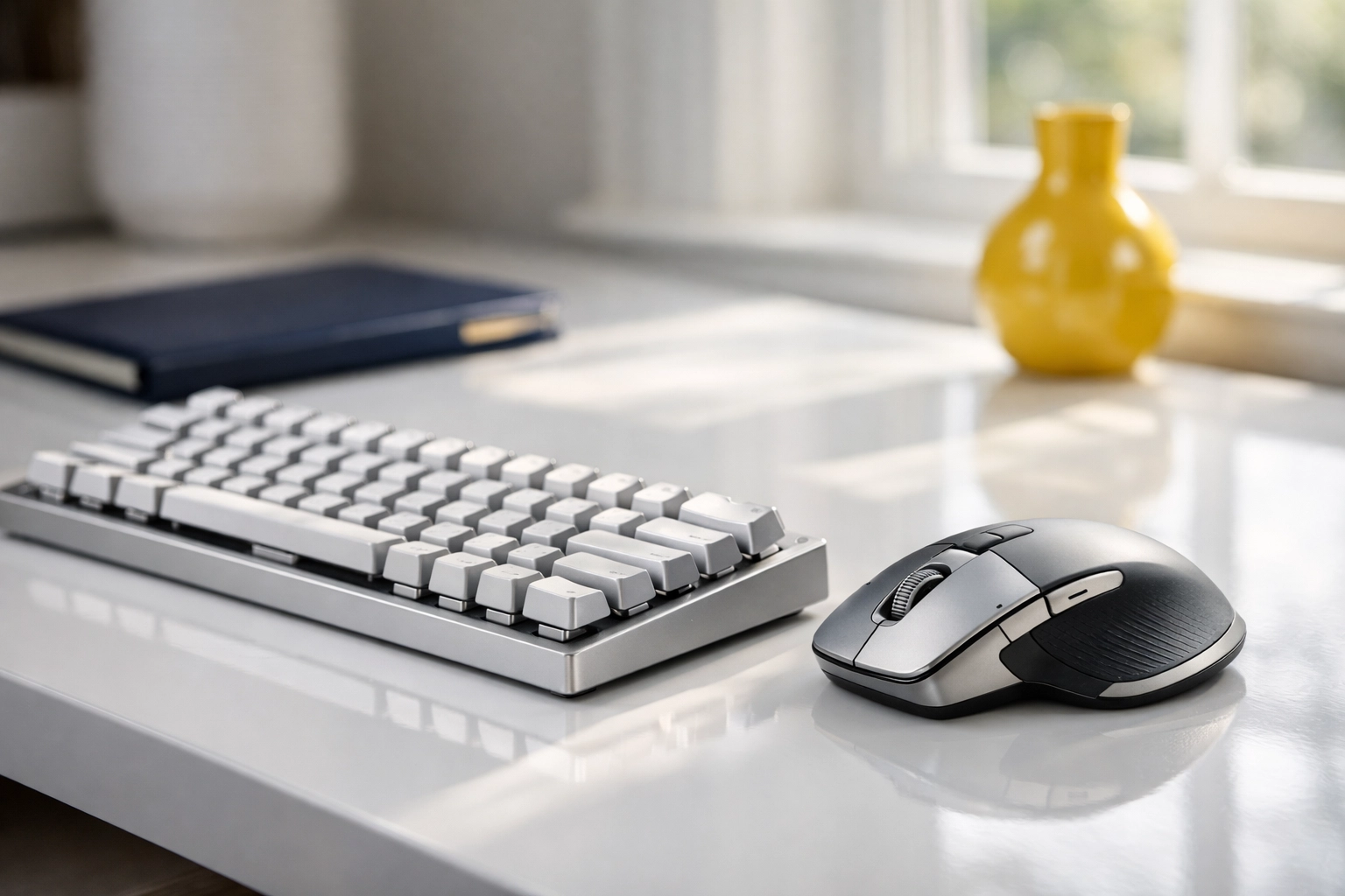 Close-up of a clean silver keyboard and mouse on a sunlit white desk in a Lunenburg home office.