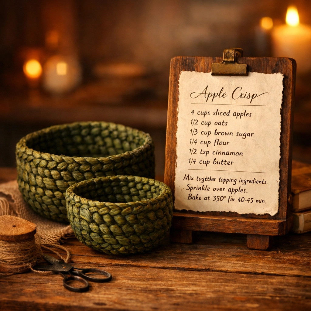 Handcrafted green woven baskets and a vintage recipe display on a rustic wood surface.