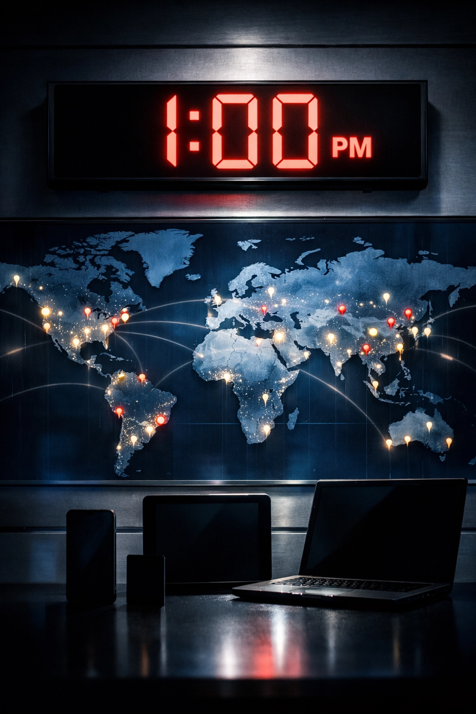 Global press release distribution at 1PM showing media reach across multiple time zones and channels