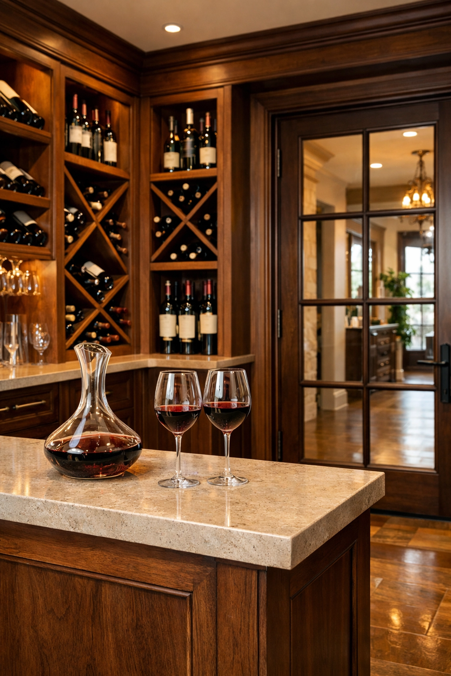 Luxury wine room with a custom-milled tasting station, stone countertop, and integrated storage cabinetry.