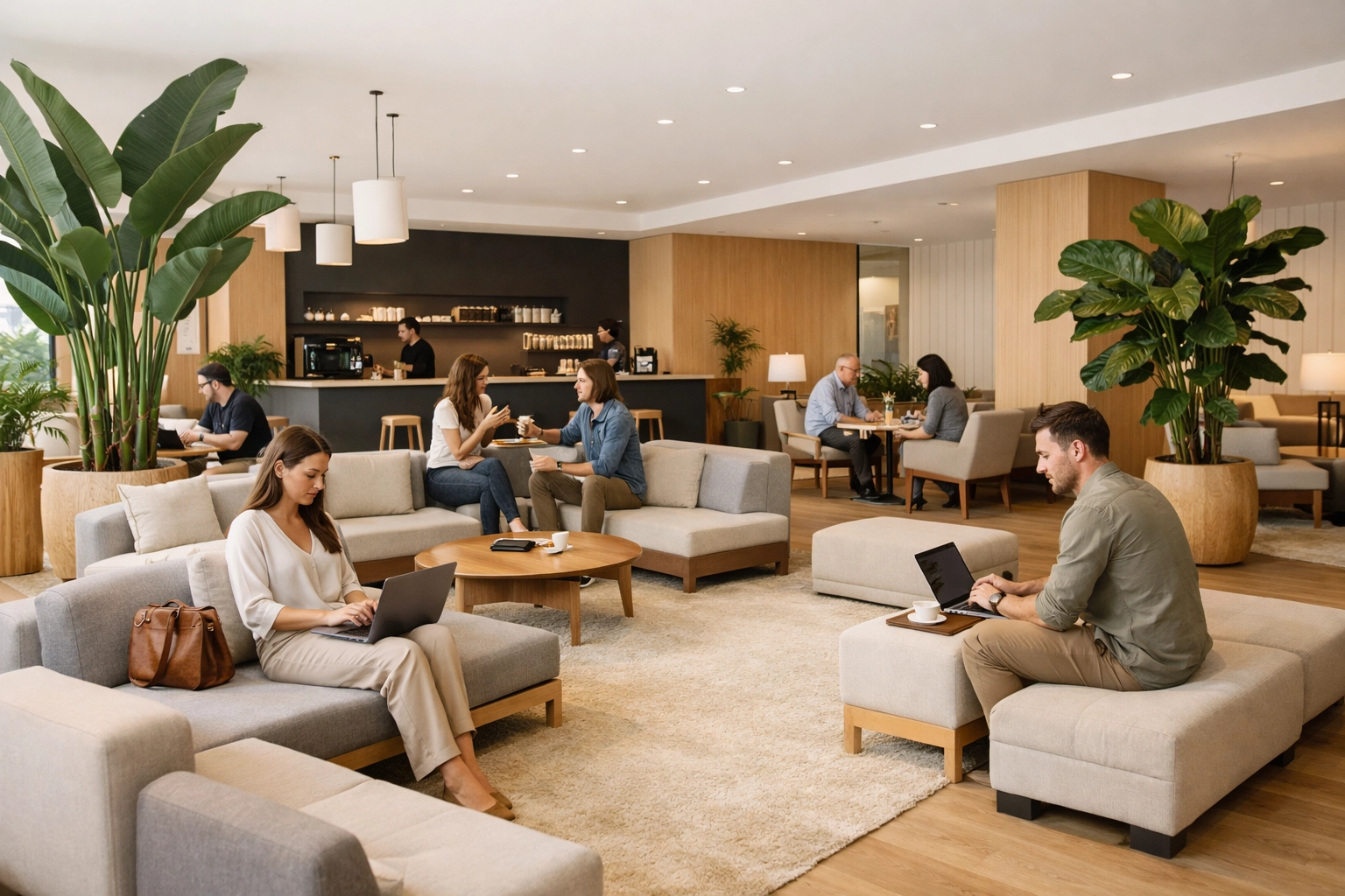 A social hotel lobby hub with a coffee bar and seating, showcasing 2026 hospitality trends in guest experience.