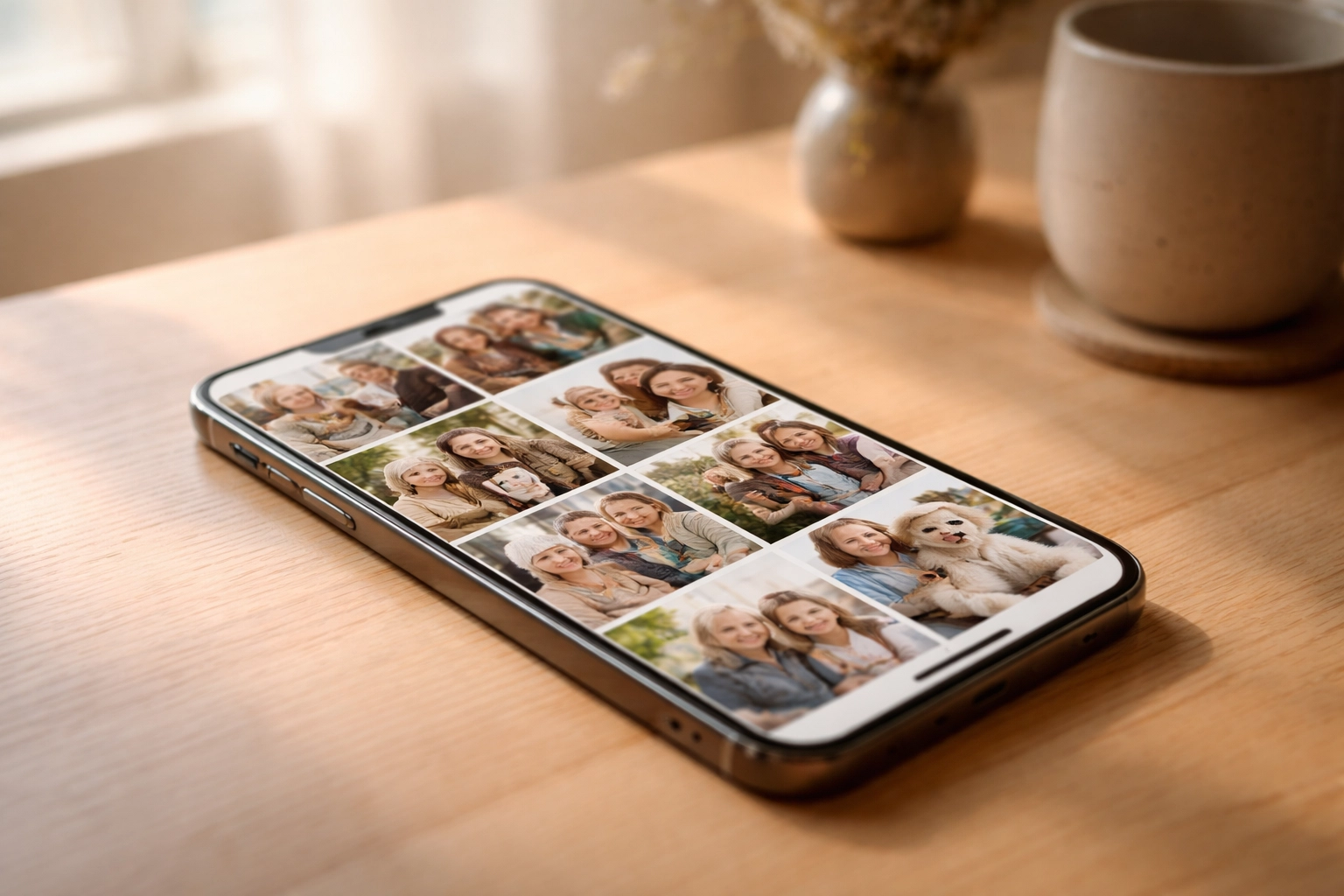 Smartphone displaying a grid of family and pet photos, illustrating organising digital memories for everyday use
