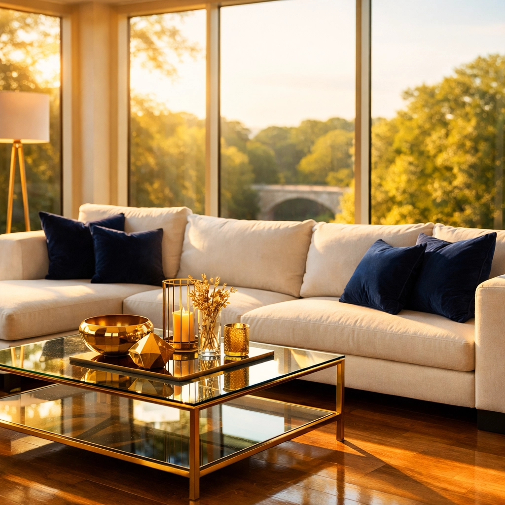 Sun-drenched luxury living room in Newton MA with polished hardwood floors and scenic views of Echo Bridge.