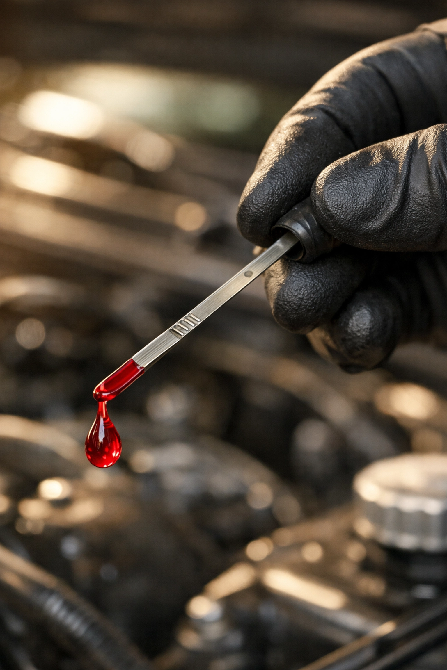 A mechanic checks the transmission fluid level using a dipstick during an auto repair service.