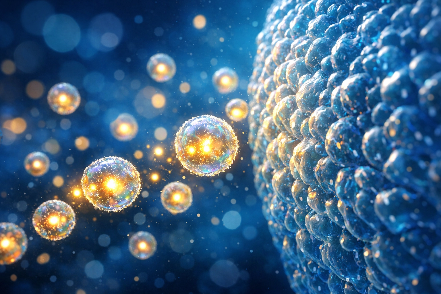 Luminous exosomes approaching a cell membrane representing advanced regenerative medicine and cellular repair.