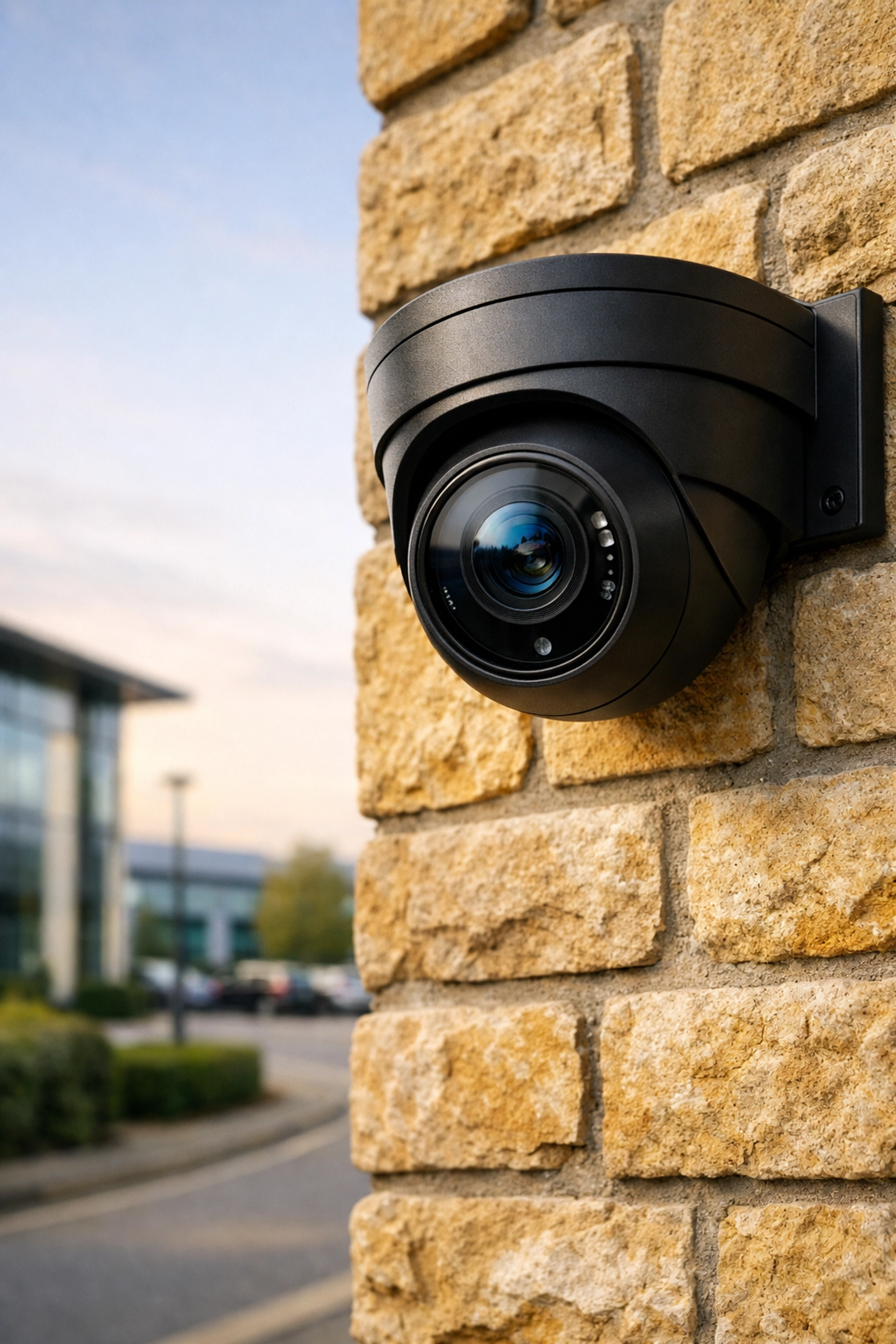 High-end IP security camera installed on Cotswold stone at a Cheltenham business park for commercial protection.