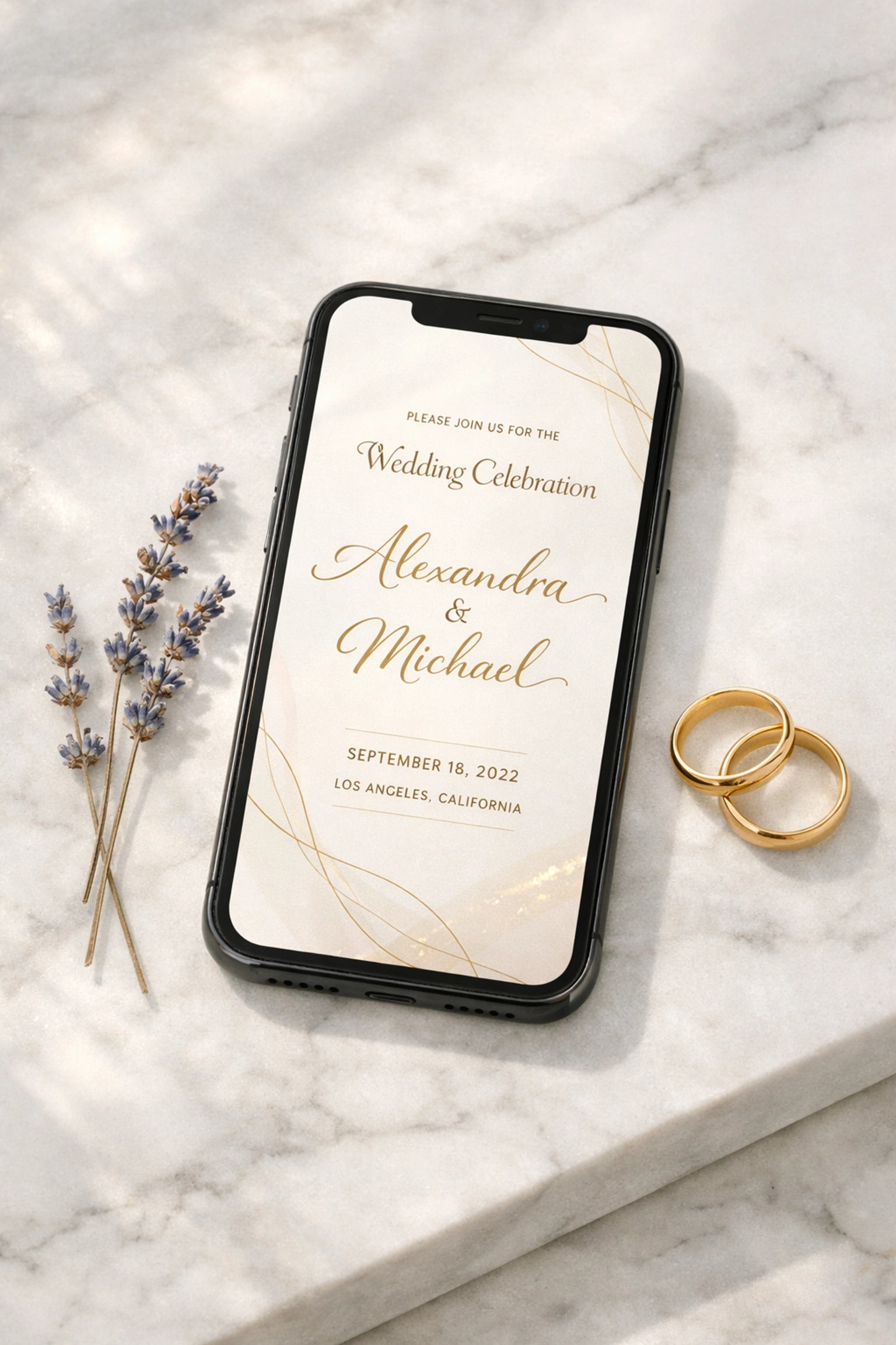 Smartphone with a digital wedding invitation and online RSVP for wedding funding.
