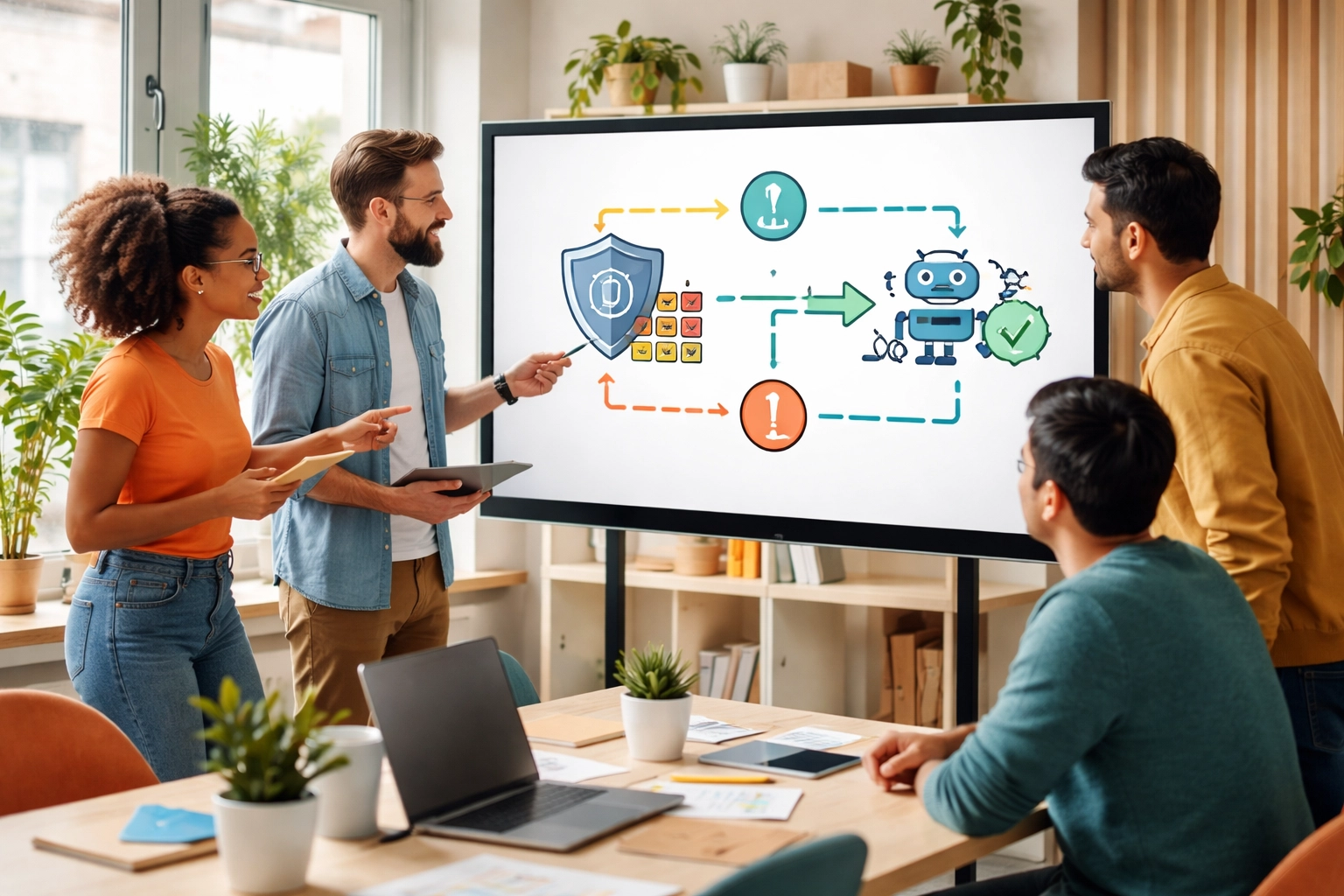 Startup team analyzing a whiteboard with security and AI options, choosing between ISO 27001 and ISO 42001 standards